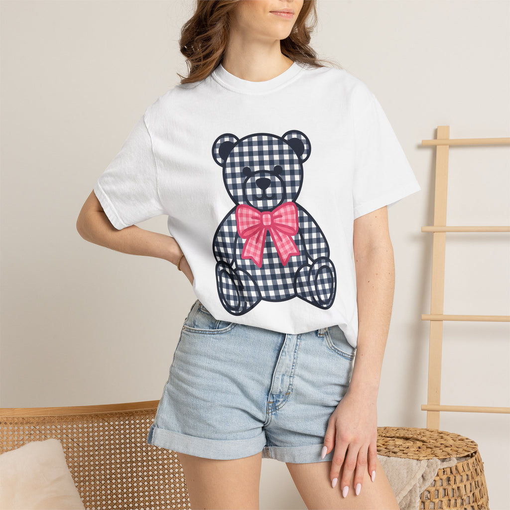 Plaid Teddy Bear Shirt Cute Animal Gift Women Kawaii Tee Teddy Bear T-Shirt Cute Fan Cartoon Tshirt Creature Graphic Minimalist Pink Bow
