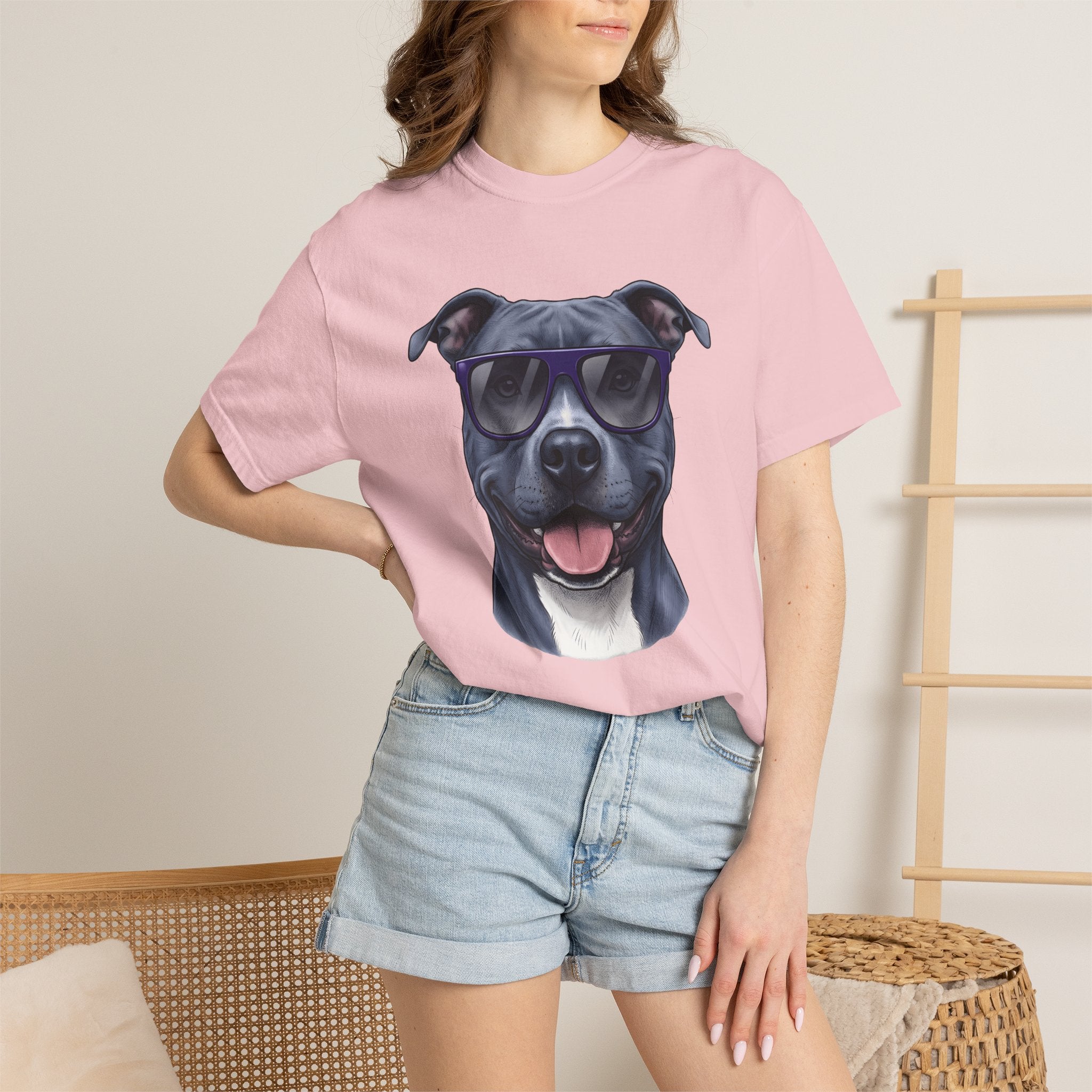 Pitbull Sunnies Shirt Dog Comedy Gift Women Detailed Tee Doggy Shades T-Shirt Dog Fan Realistic Tshirt Humor Graphic Old School Grin Tshirt