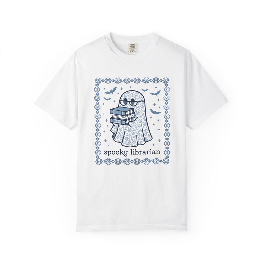 Ghost Books Shirt Librarian Halloween Gift Women Floral Graphic Tee Book T-Shirt Library Enthusiast Illustrated Graphic Spooky Illustration