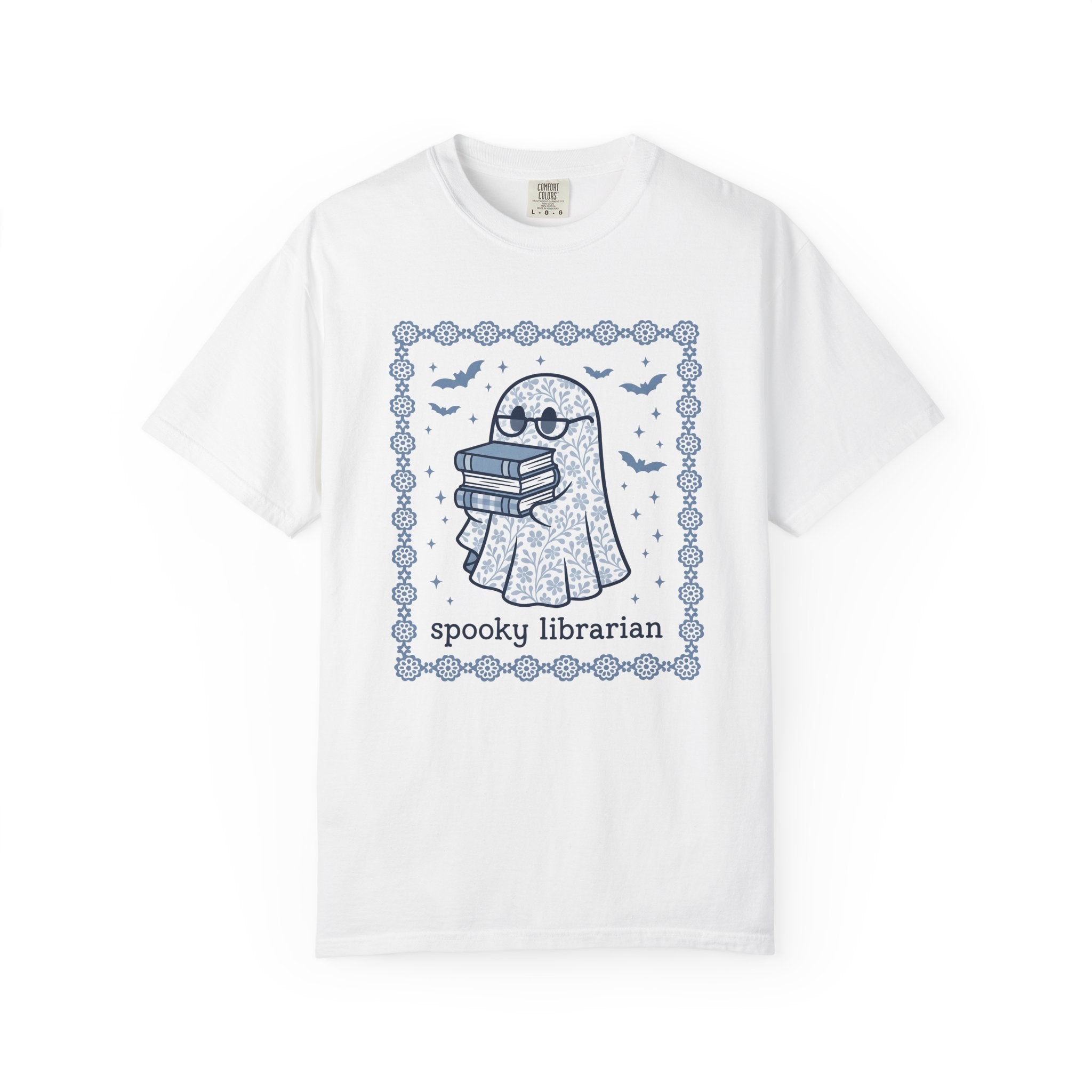 Ghost Books Shirt Librarian Halloween Gift Women Floral Graphic Tee Book T-Shirt Library Enthusiast Illustrated Graphic Spooky Illustration