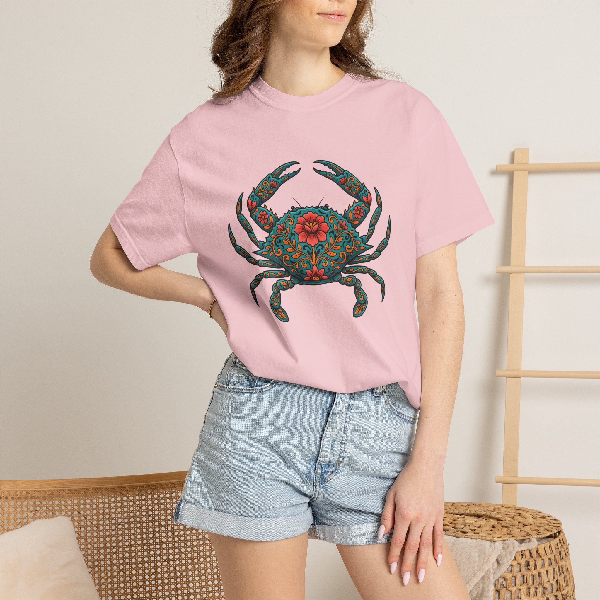 Floral Crab Shirt Animals & Flowers Ocean Gift Women Boho Tee Crab T-Shirt Flower Fan Boho Chic Tshirt Sea Graphic Folk Art Mandala Tshirt