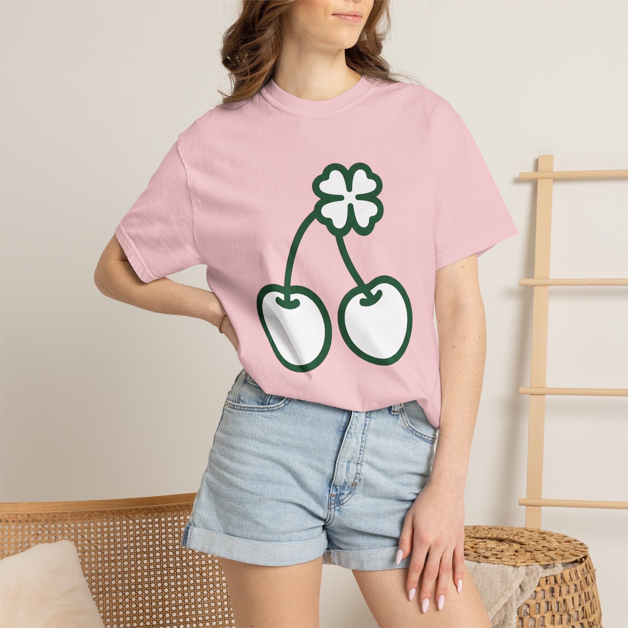 Clover Cherry Shirt St. Patrick's Day Talisman Gift Women Basic Tee Cherry T-Shirt Luck Fan Simple Tshirt Amulet Graphic Sketch Lucky Leaf