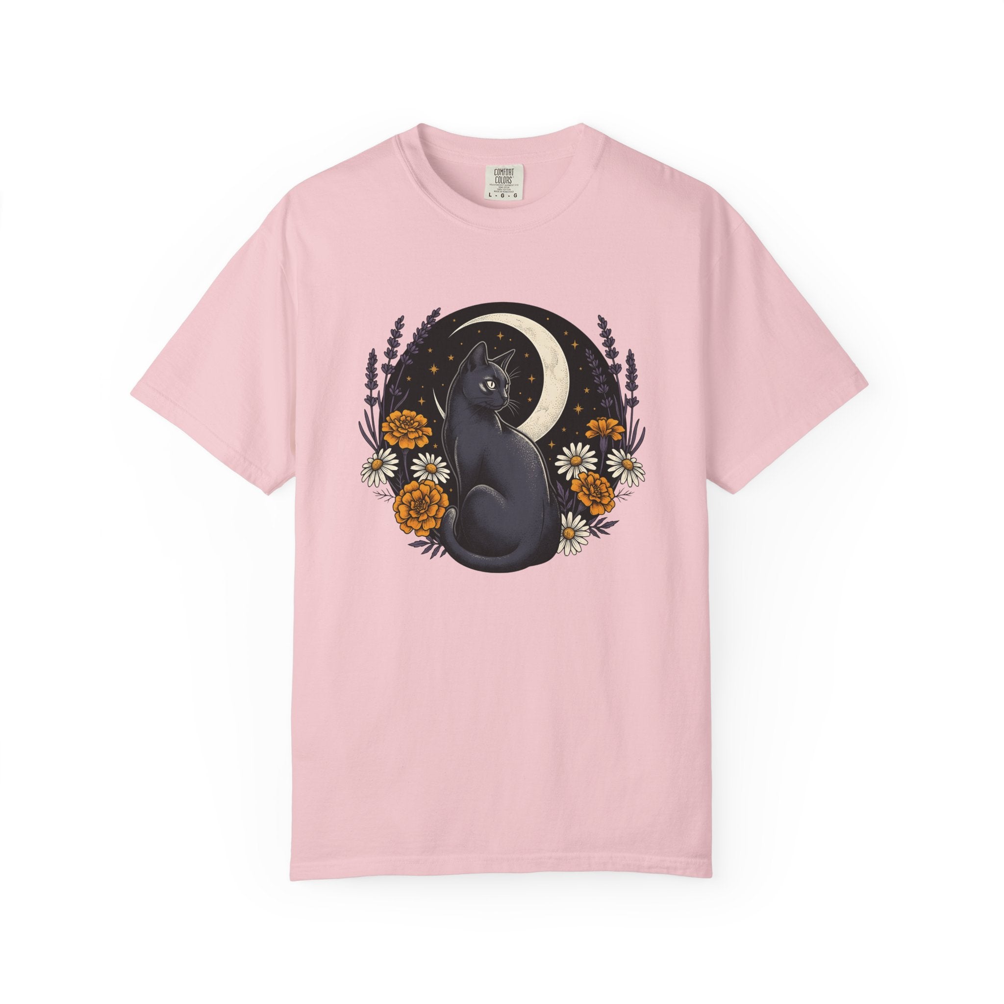Black Kitten Shirt Cat Flower Gift Women Bohemian Tee Kitten T-Shirt Cat Fan Fauvist Tshirt Floral Graphic Retro Crescent Moon Tshirt