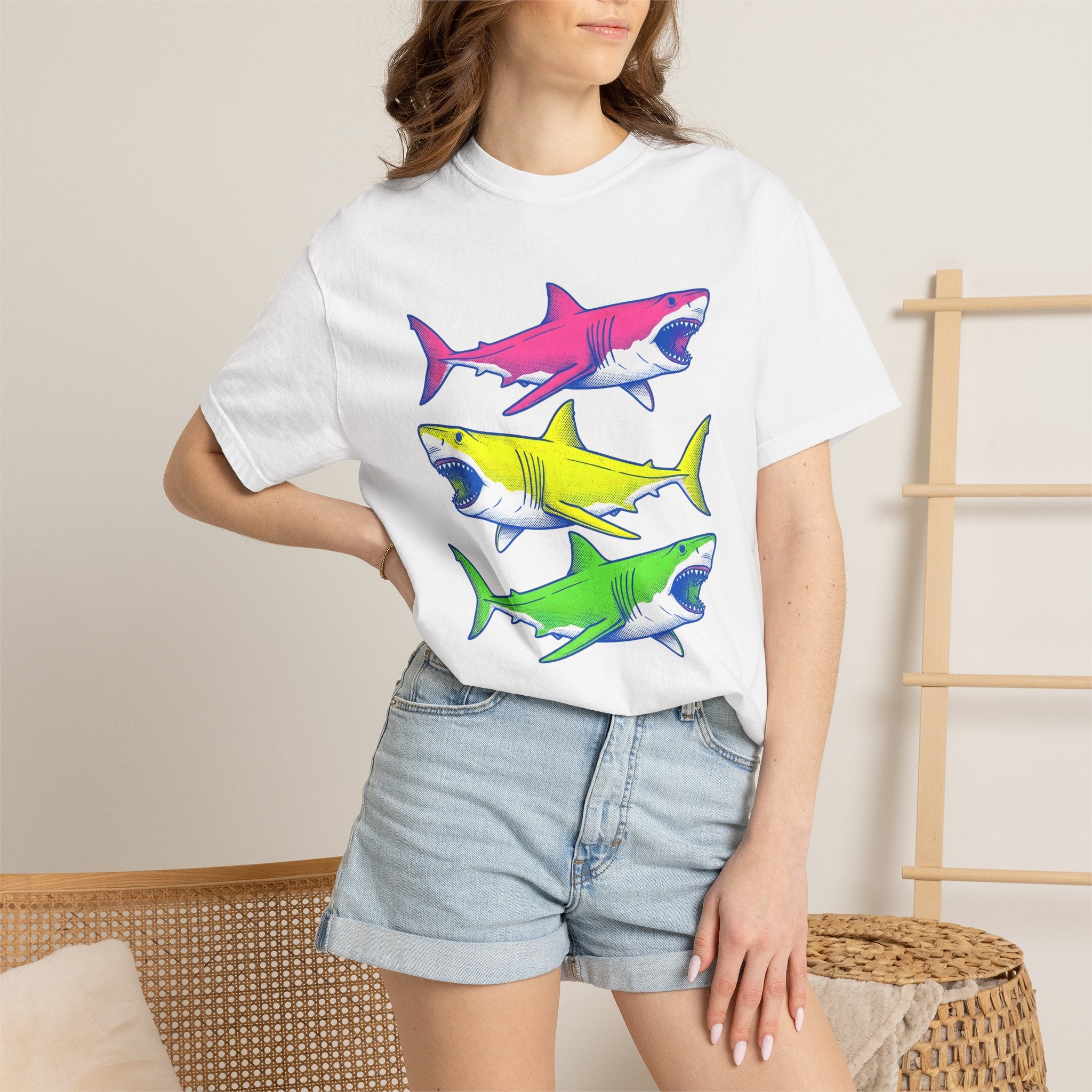 Bright Shark Shirt Ocean Sea Life Gift Women Comic Tee Shark T-Shirt Marine Fan Cartoon Tshirt Marine Graphic Vintage Glowing Creature