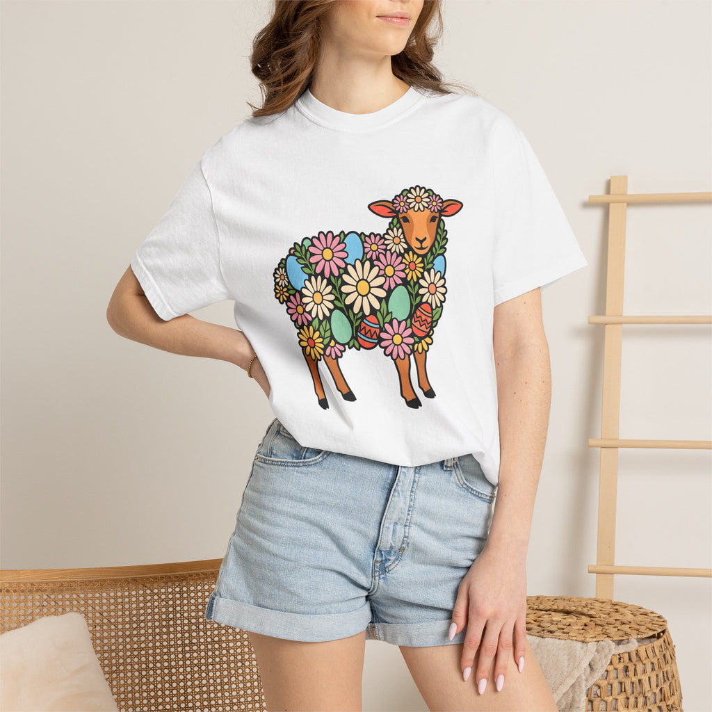 Lamb Floral Shirt Easter Spring Gift Women Boho Tee Sheep T-Shirt Easter Fan Hippie Tshirt Floral Graphic Folk Art Easter Eggs Tshirt