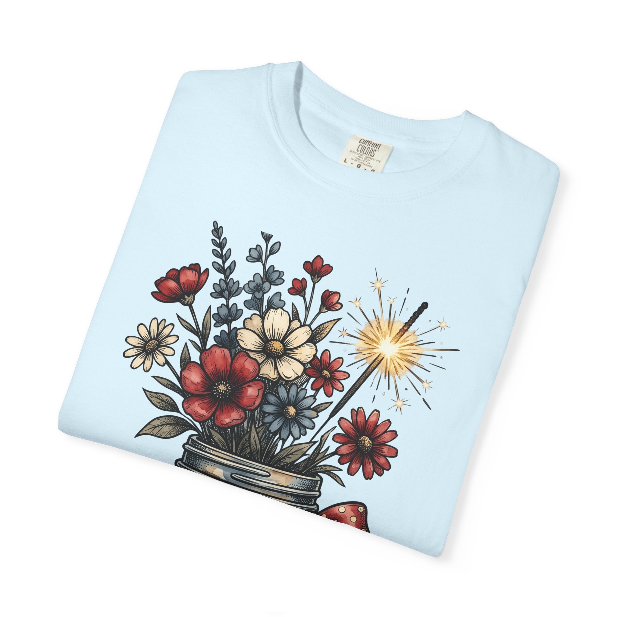 Jar Flower Bouquet Shirt 4th Of July Blooms Gift Women Retro Tee Floral Arrangement T-Shirt Independence Day Fan Vintage Tshirt Flower
