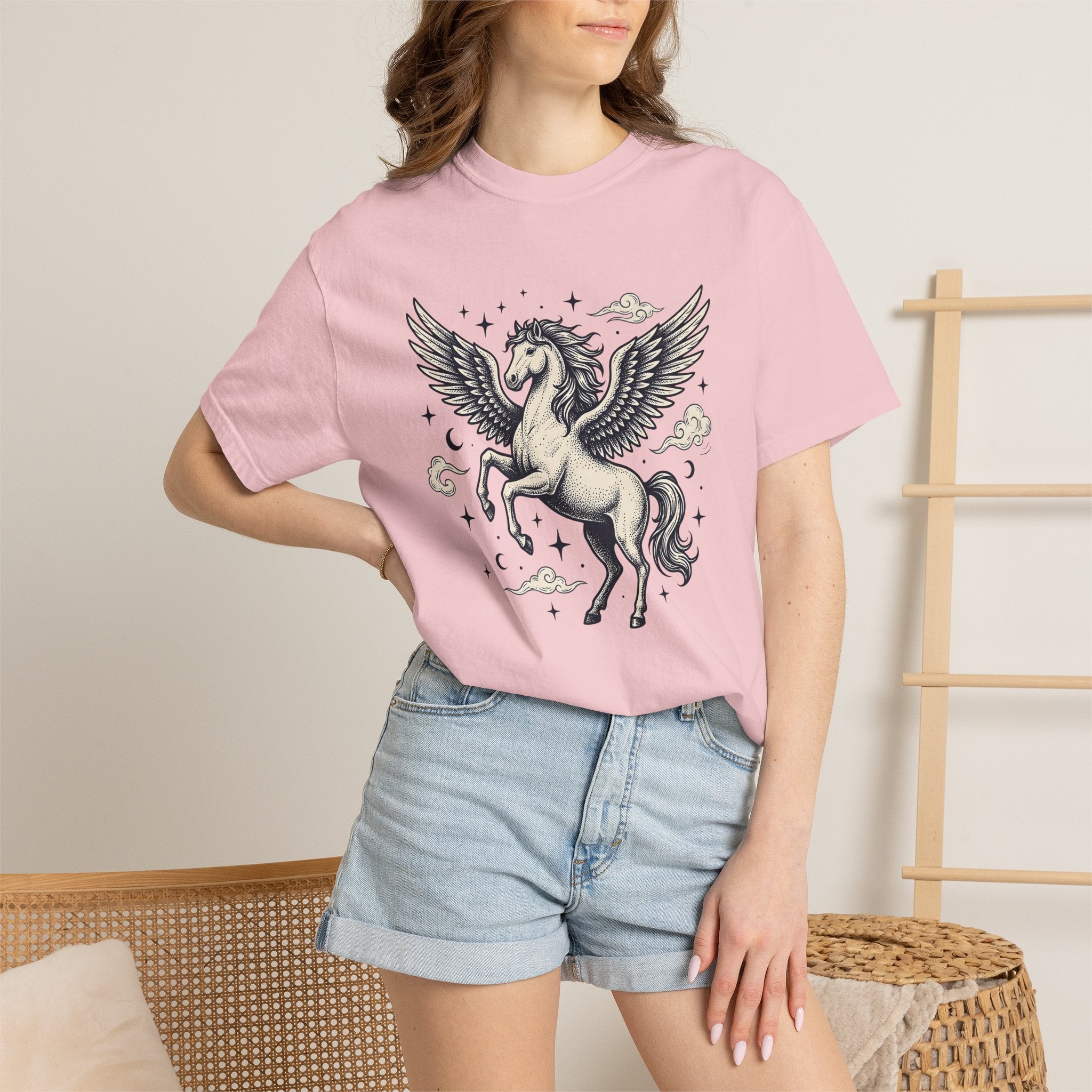 Winged Horse Shirt Fantasy Astrology Gift Women Ink Tee Pegasus T-Shirt Mythical Fan Tattoo Tshirt Zodiac Graphic Retro Sparkles Tshirt