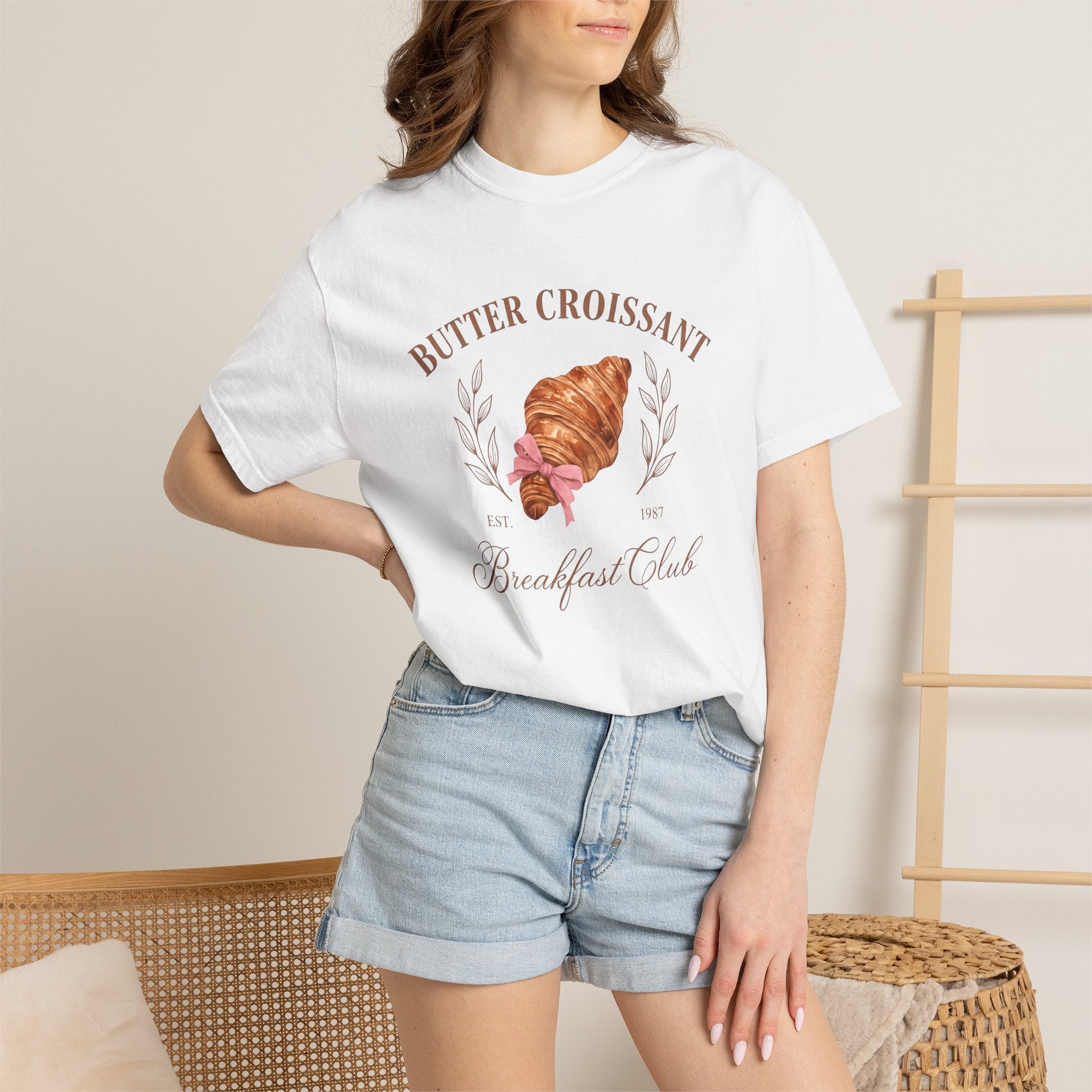Flaky Croissant Shirt Desserts Pastry Gift Women Hand Painted Tee Croissant T-Shirt Dessert Fan Watercolor Tshirt Bakery Graphic Rustic Pink