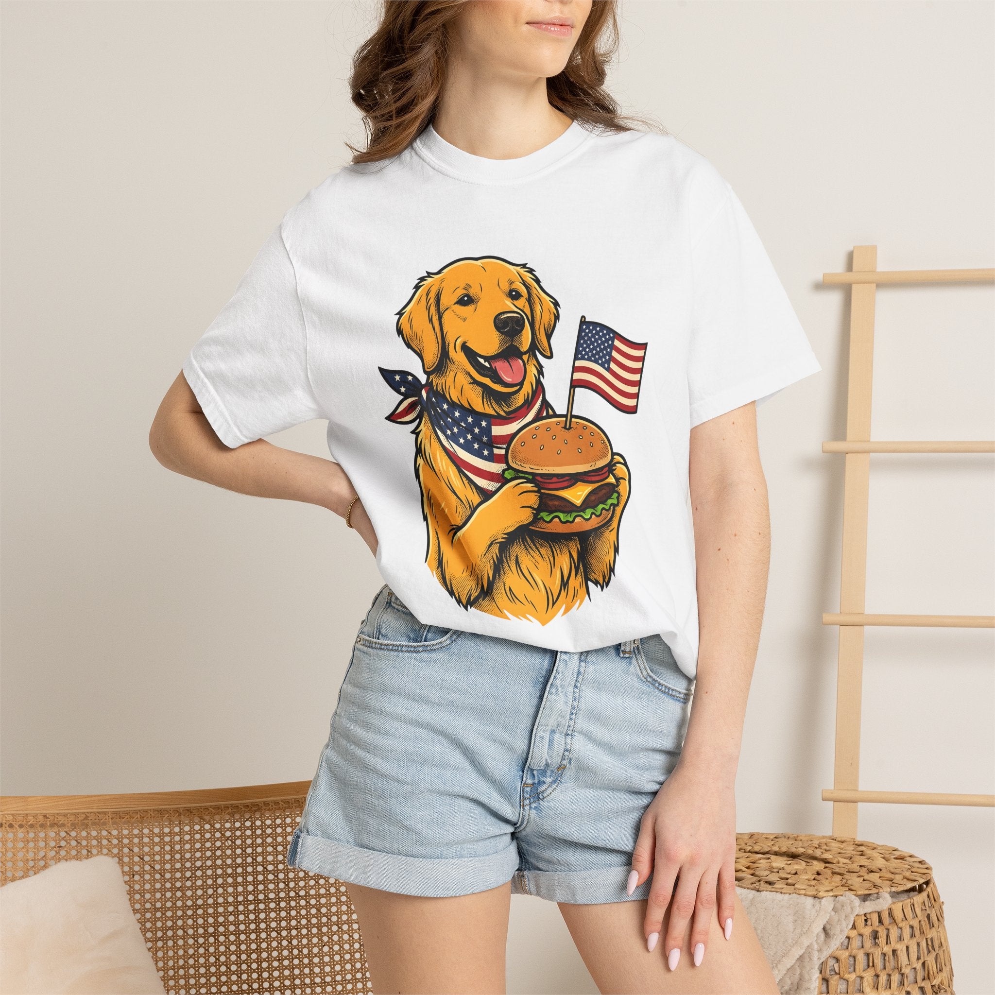 Golden Retriever Shirt America/4th Of July Animal Gift Women Comic Tee Retriever T-Shirt Patriot Fan Cartoon Tshirt Creature Graphic Hand