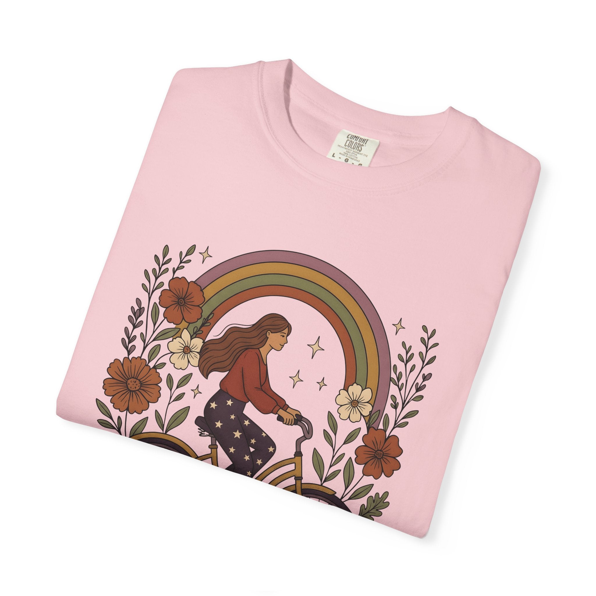Woman Bicycle Shirt Cycling Floral Gift Women Boho Tee Bike T-Shirt Cyclist Enthusiast Bohemian Tshirt Floral Graphic Retro Rainbow Tshirt