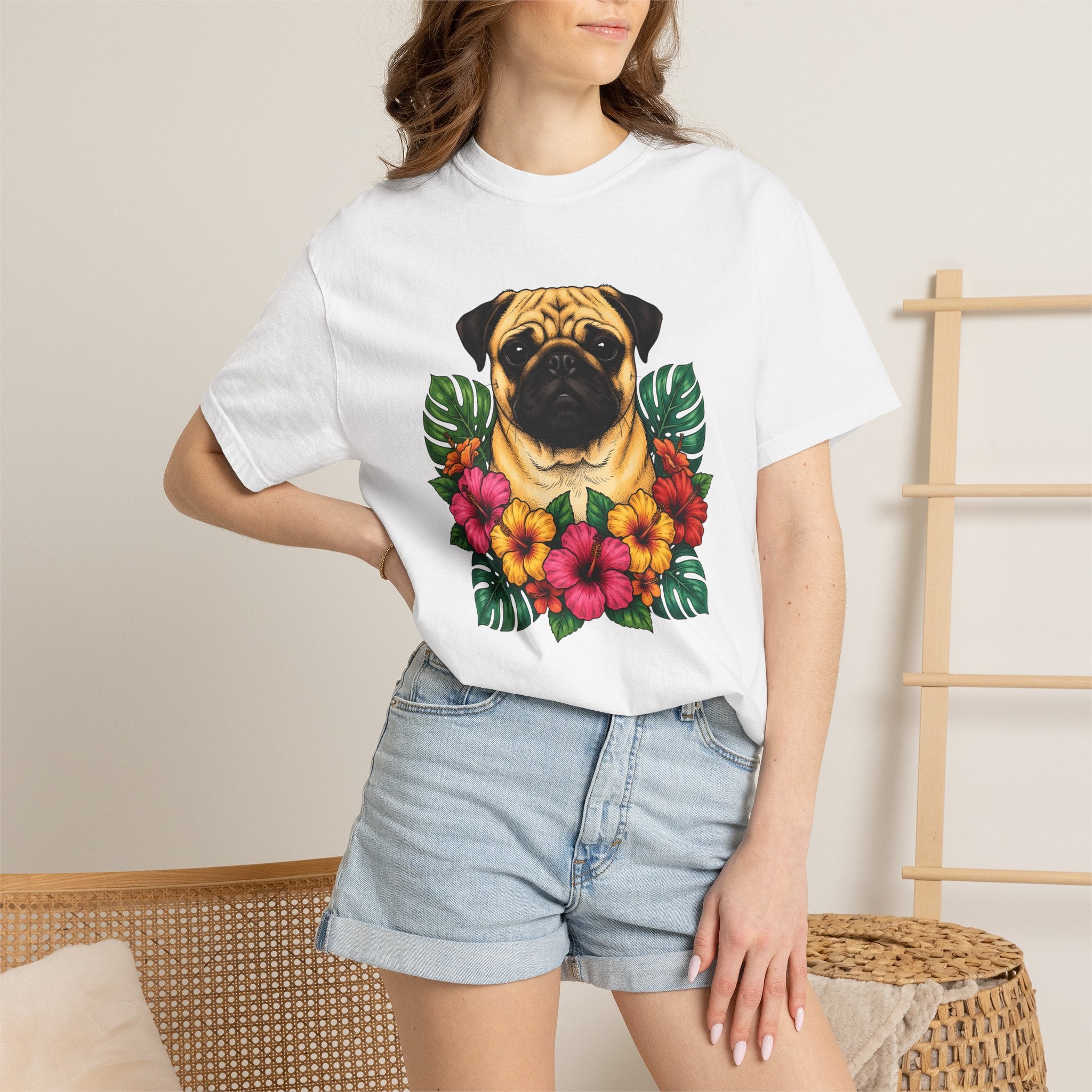 Pug Shirt Dog Botanicals Gift Women Sketch Tee Mops T-Shirt Dog Fan Drawing Graphic Retro Tropical Flowers Tshirt