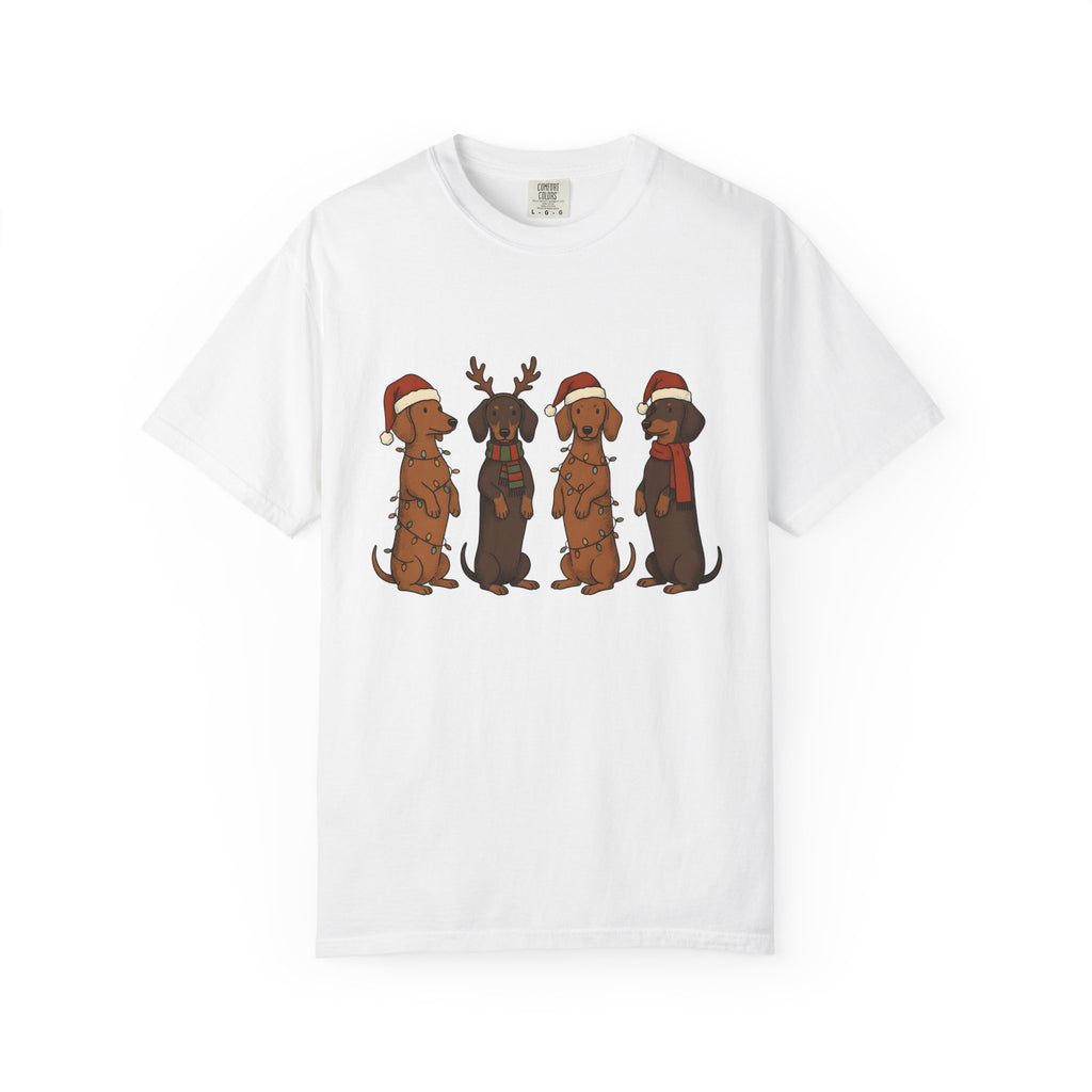 Dachshund Pups Shirt Christmas Animal Gift Women Anime Tee Wiener Dog T-Shirt Xmas Fan Cartoon Tshirt Creature Graphic Doodle Festive Hats