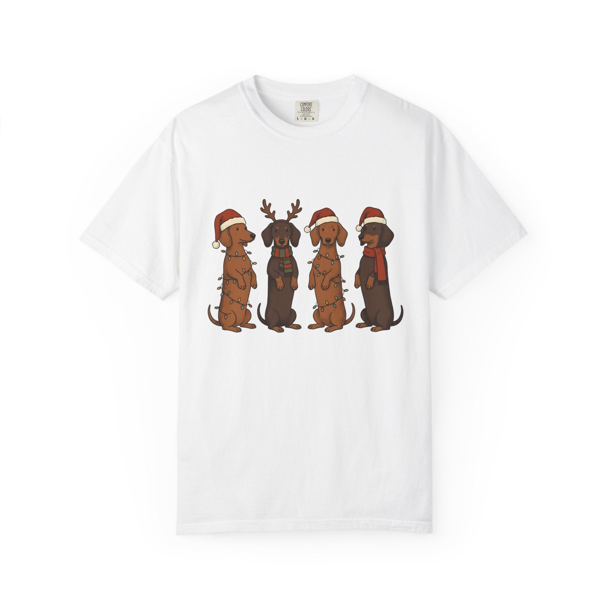 Dachshund Pups Shirt Christmas Animal Gift Women Anime Tee Wiener Dog T-Shirt Xmas Fan Cartoon Tshirt Creature Graphic Doodle Festive Hats