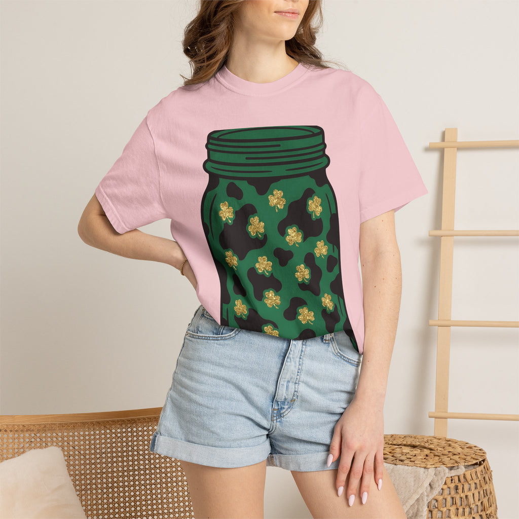 Shamrock Jar Shirt St Patricks Day Luck Gift Women Glitter Tee Mason Jar T-Shirt St Patricks Fan Sparkly Tshirt Fortune Graphic Retro Clover