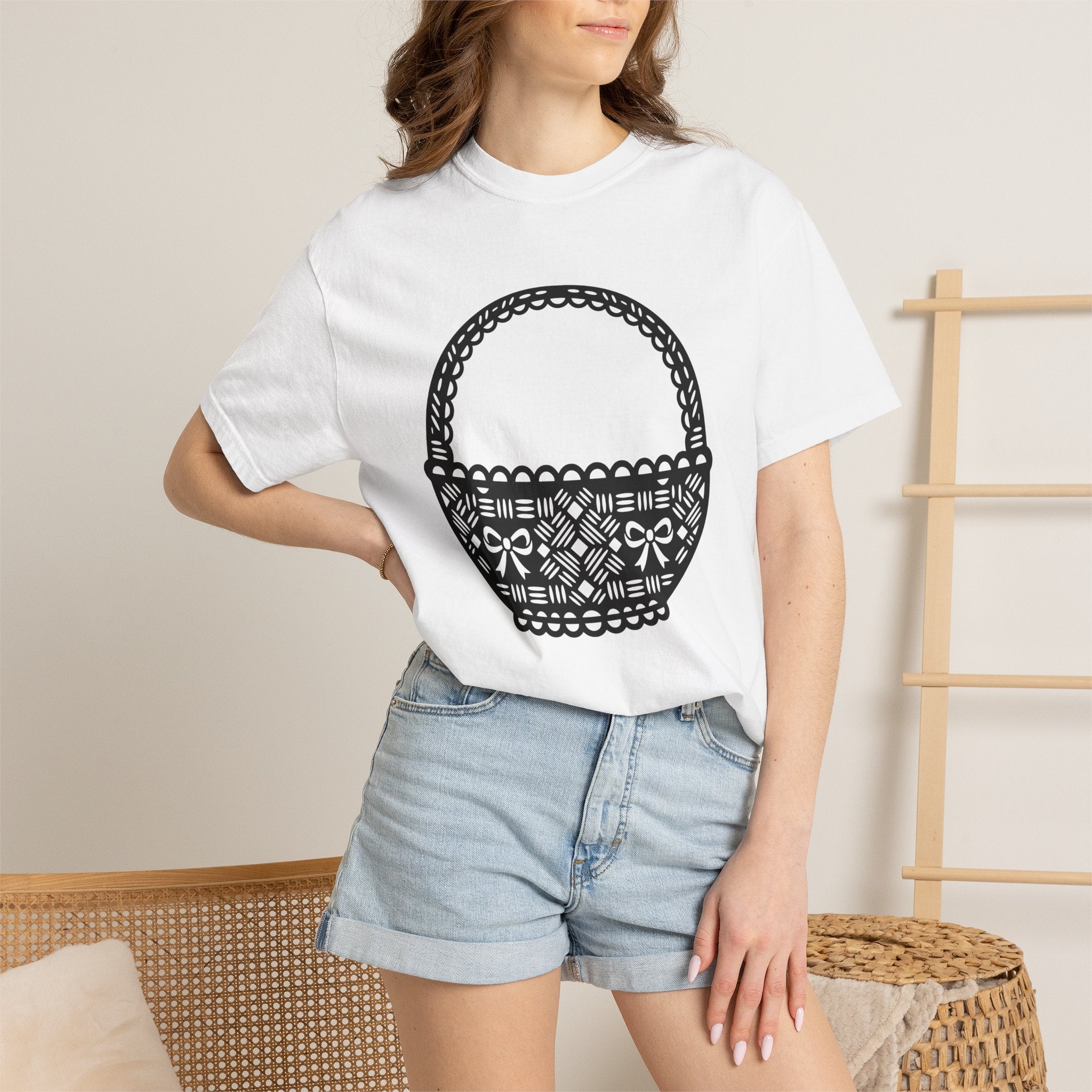 Wicker Basket Shirt Easter Celebration Gift Women Outline Tee Basket T-Shirt Easter Fan Wickerwork Graphic Modern Ribbon Tshirt