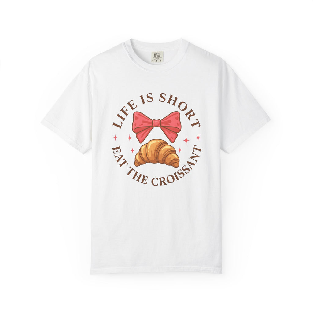 Croissant Illustration Shirt Desserts Pastry Gift Women Adorable Tee Croissant T-Shirt Dessert Fan Cute Tshirt Bakery Graphic Cartoon Pink
