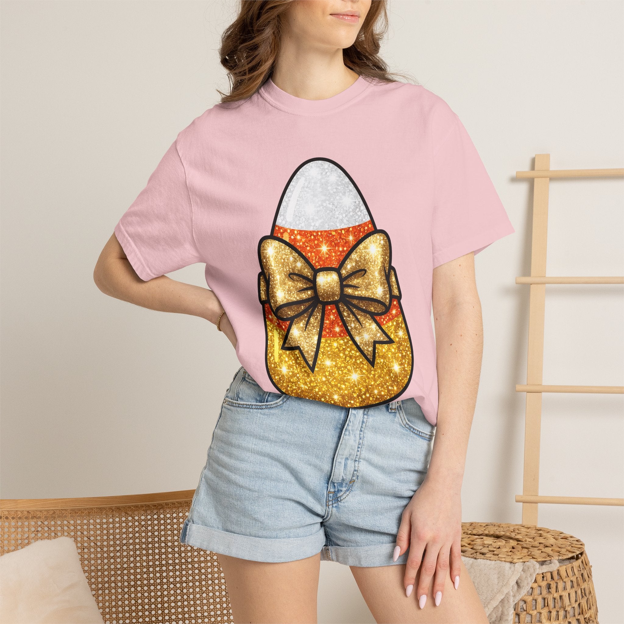 Candy Corn Shirt Halloween Treats Gift Women Shimmer Tee Triangular Candy T-Shirt Spooky Fan Glittery Tshirt Dessert Graphic Adorable Knot