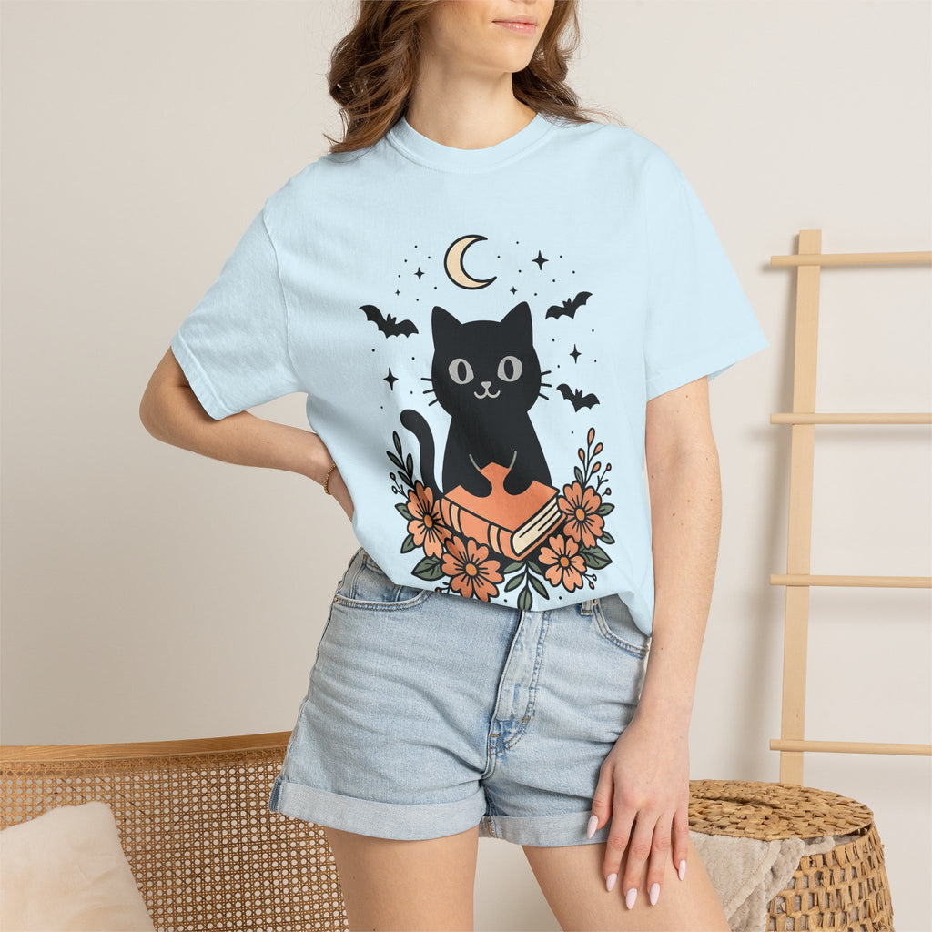 Black Cat Shirt Halloween Sorcery Gift Women Line Art Tee Cat T-Shirt Horror Fan Dark Magic Tshirt Witchcraft Graphic Sketch Night Moon
