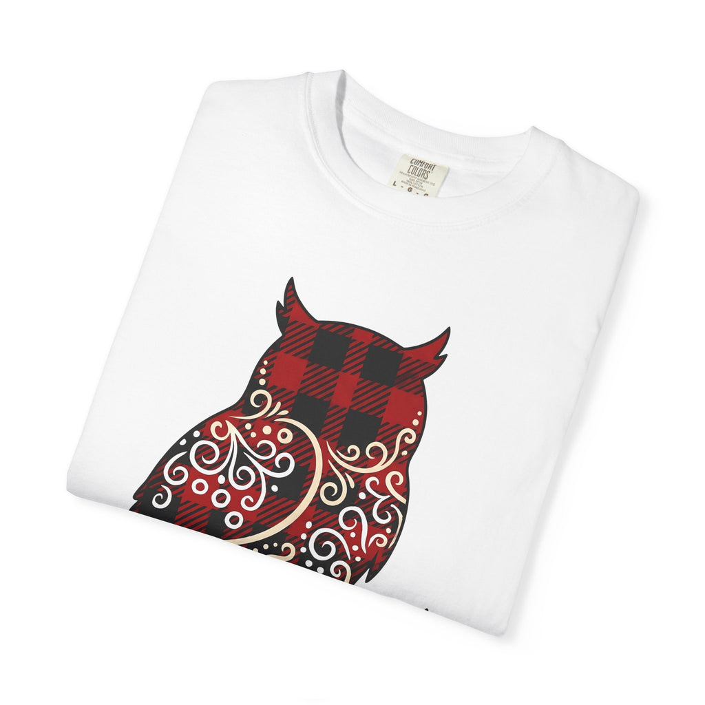 Owl Gingham Shirt Animals Nature Gift Women Primitive Tee Owl T-Shirt Wildlife Fan Hoot Graphic Illustration Sketch Swirl Motif Tshirt