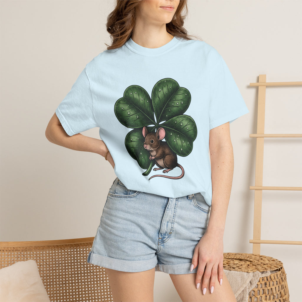 Mouse Four Leaf Shirt St Patrick's Day Wildlife Gift Women Classic Tee Mouse T-Shirt Luck Fan Shamrock Tshirt Animal Graphic Outline Droplet