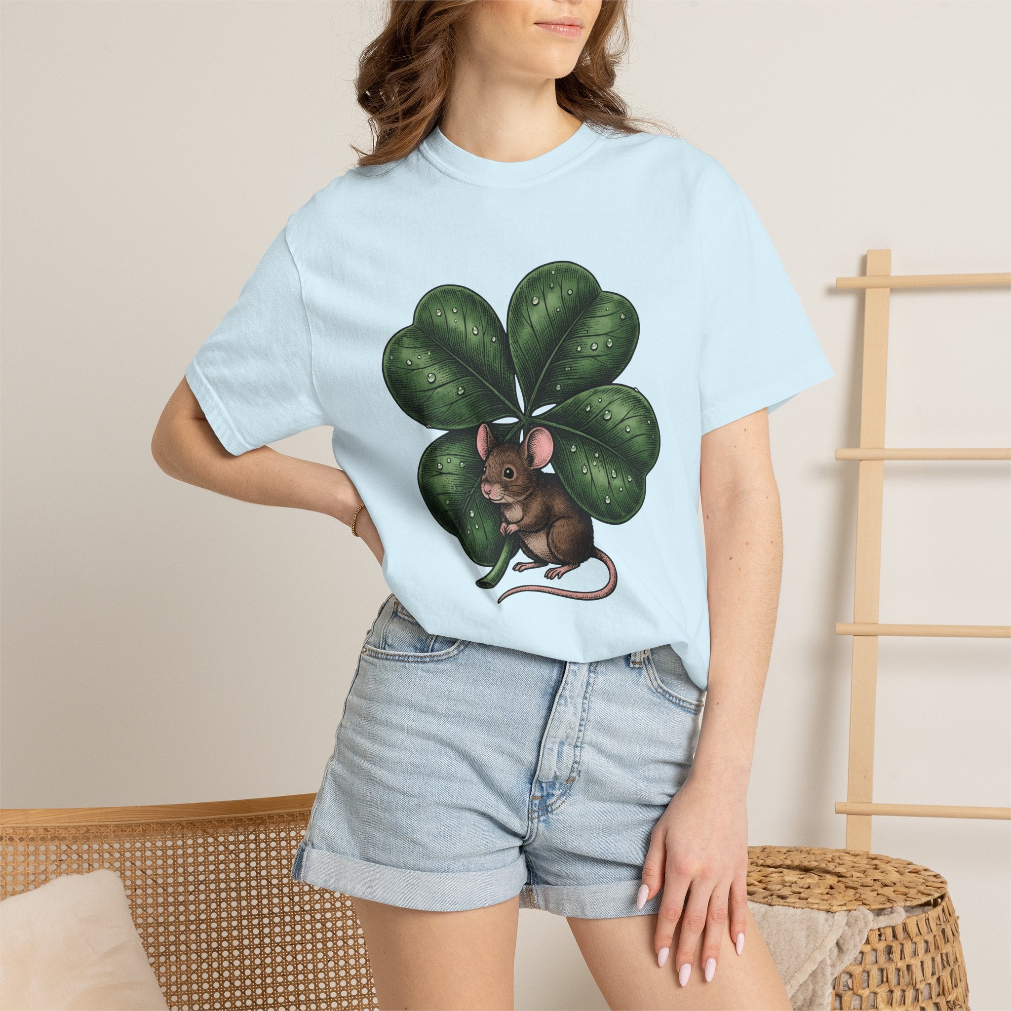 Mouse Four Leaf Shirt St Patrick's Day Wildlife Gift Women Classic Tee Mouse T-Shirt Luck Fan Shamrock Tshirt Animal Graphic Outline Droplet