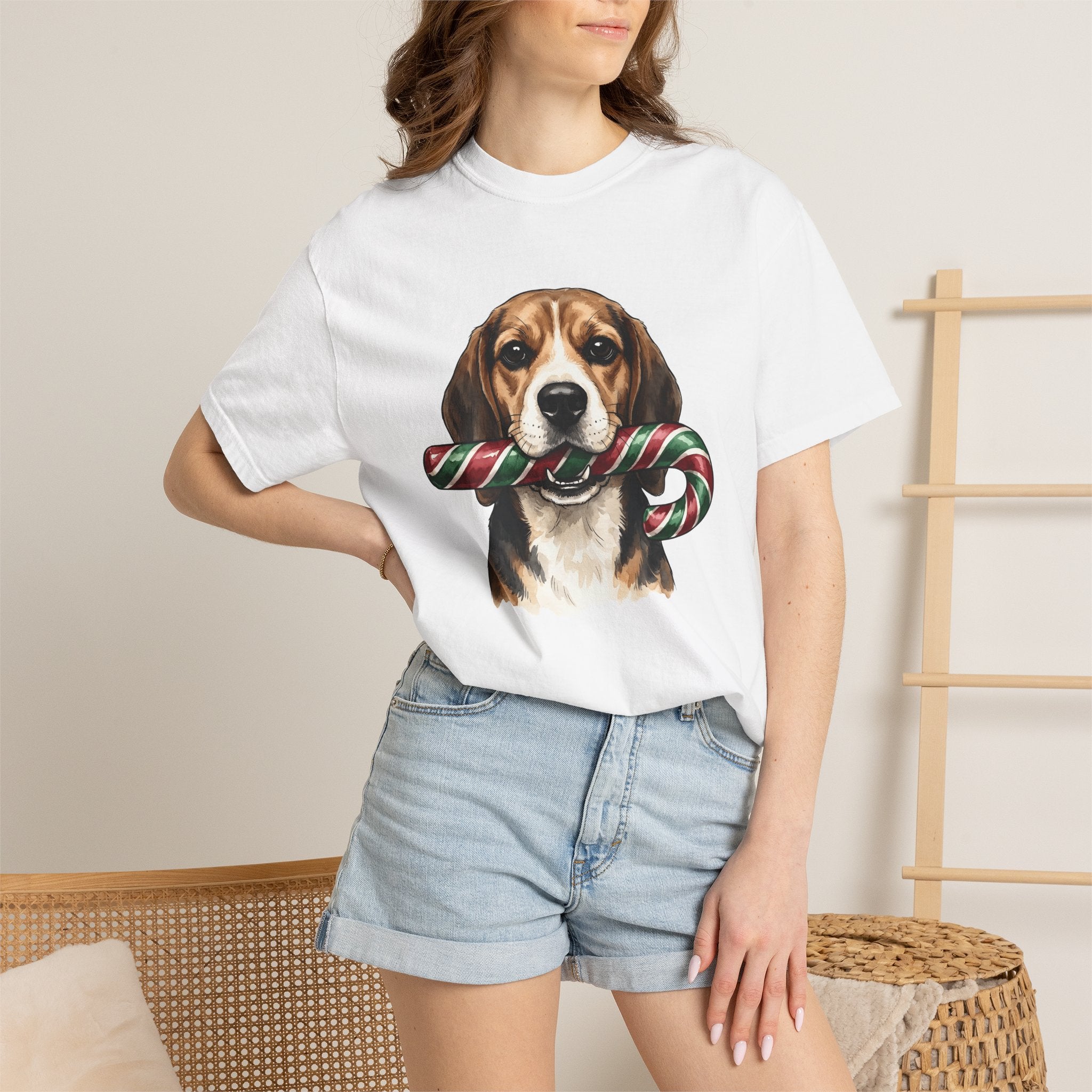 Beagle Dog Shirt Dog Christmas Gift Women Watercolor Tee Hound T-Shirt Dog Fan Watercolour Tshirt Winter Graphic Hand Drawn Candy Cane