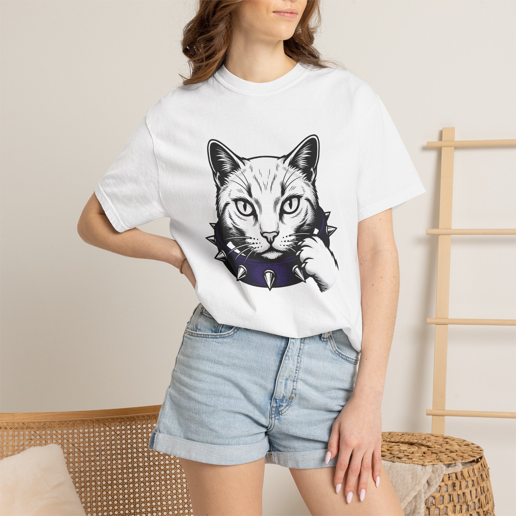 Cat Face Shirt Cat Alternative Gift Women Ink Tee Kitty T-Shirt Feline Fan Tattoo Tshirt Punk Graphic Classic Studded Collar Tshirt