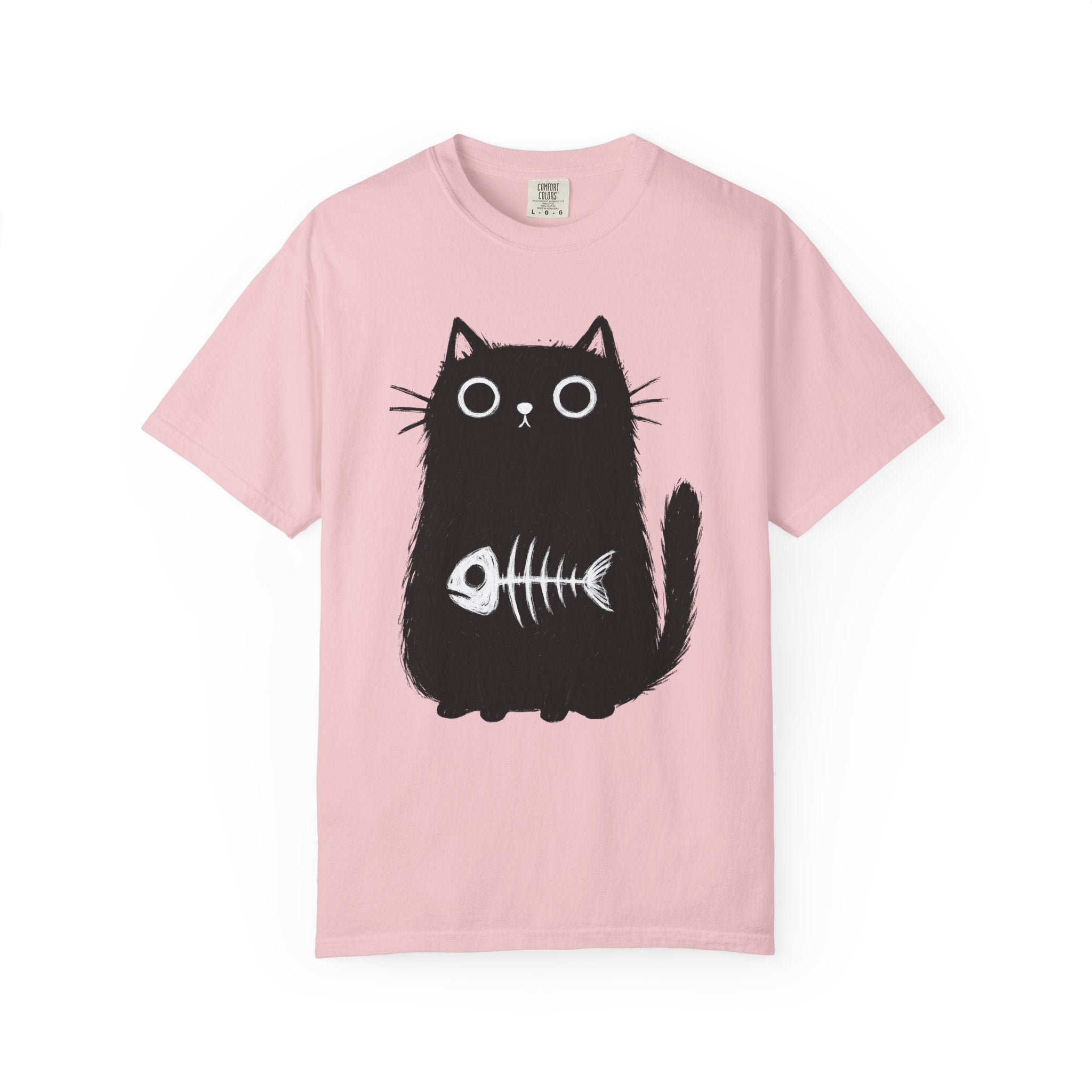 Black Kitten Shirt Cat Alternative Gift Women Hand Drawn Tee Kitten T-Shirt Cat Fan Illustrated Tshirt Punk Graphic Simple Fish Bone Tshirt