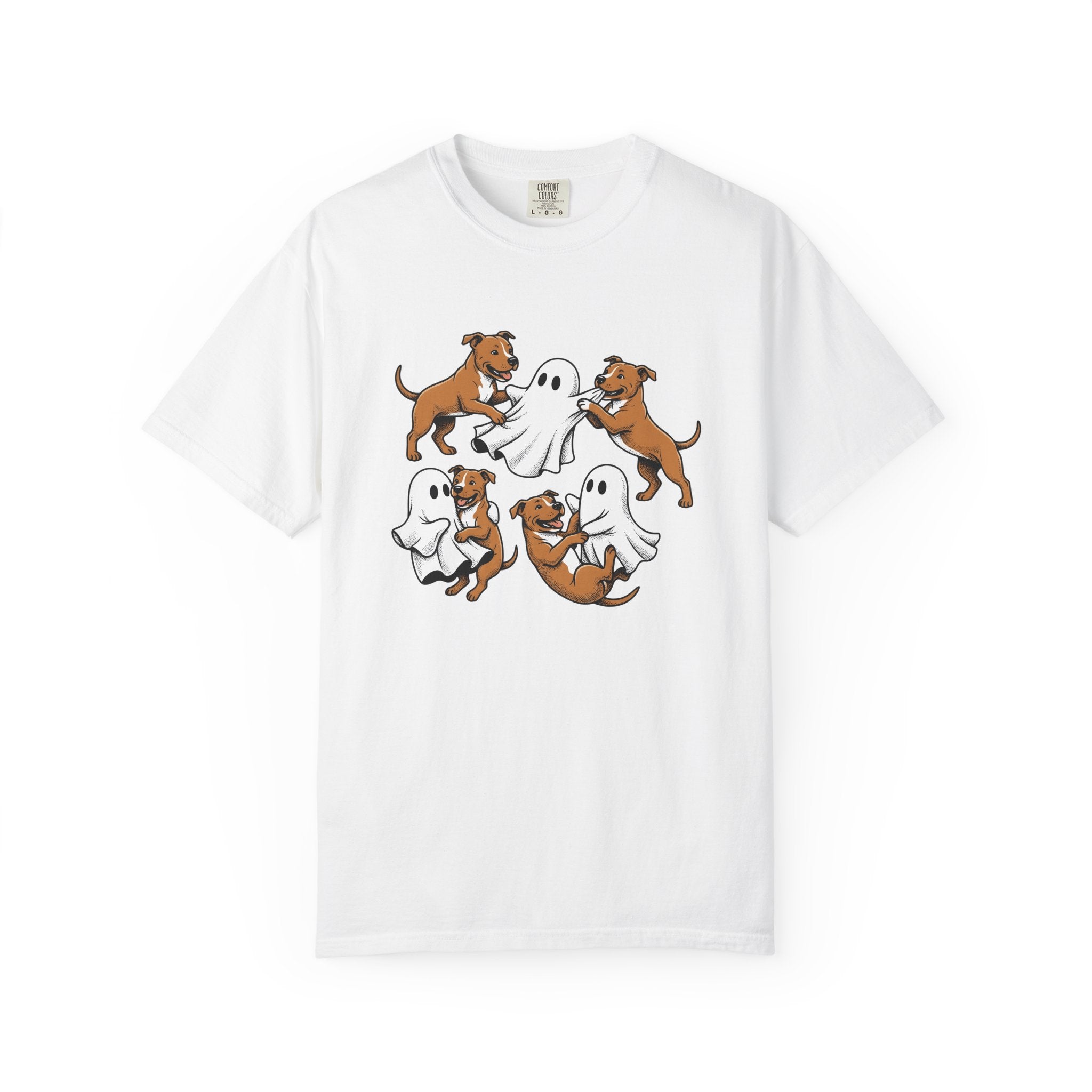 Ghost Pitbull Puppy Shirt Dog Funny Gift Women Comic Tee Pitbull Pup T-Shirt Dog Fan Cartoon Tshirt Humor Graphic Hand Drawn Halloween