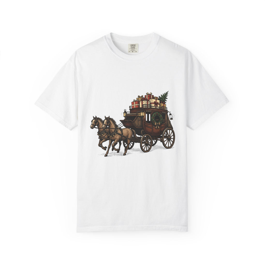 Horse Wagon Shirt Christmas Festive Gift Women Retro Tee Carriage T-Shirt Holiday Fan Vintage Tshirt Cheerful Graphic Sketch Present Boxes
