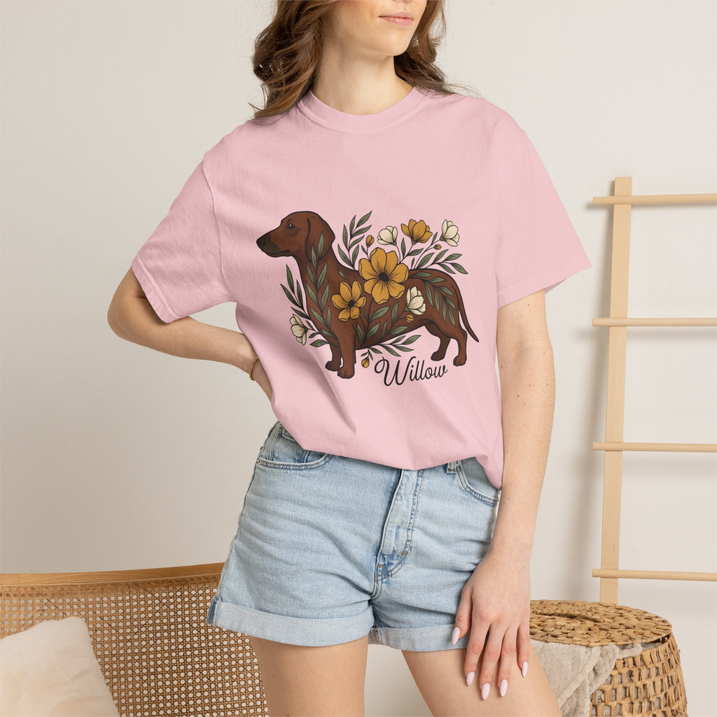 Dachshund Hound Shirt Dog Bouquet Gift Women Vintage Tee Wiener Dog T-Shirt Dog Fan Doxie Tshirt Floral Graphic Cartoon Blossom Tshirt