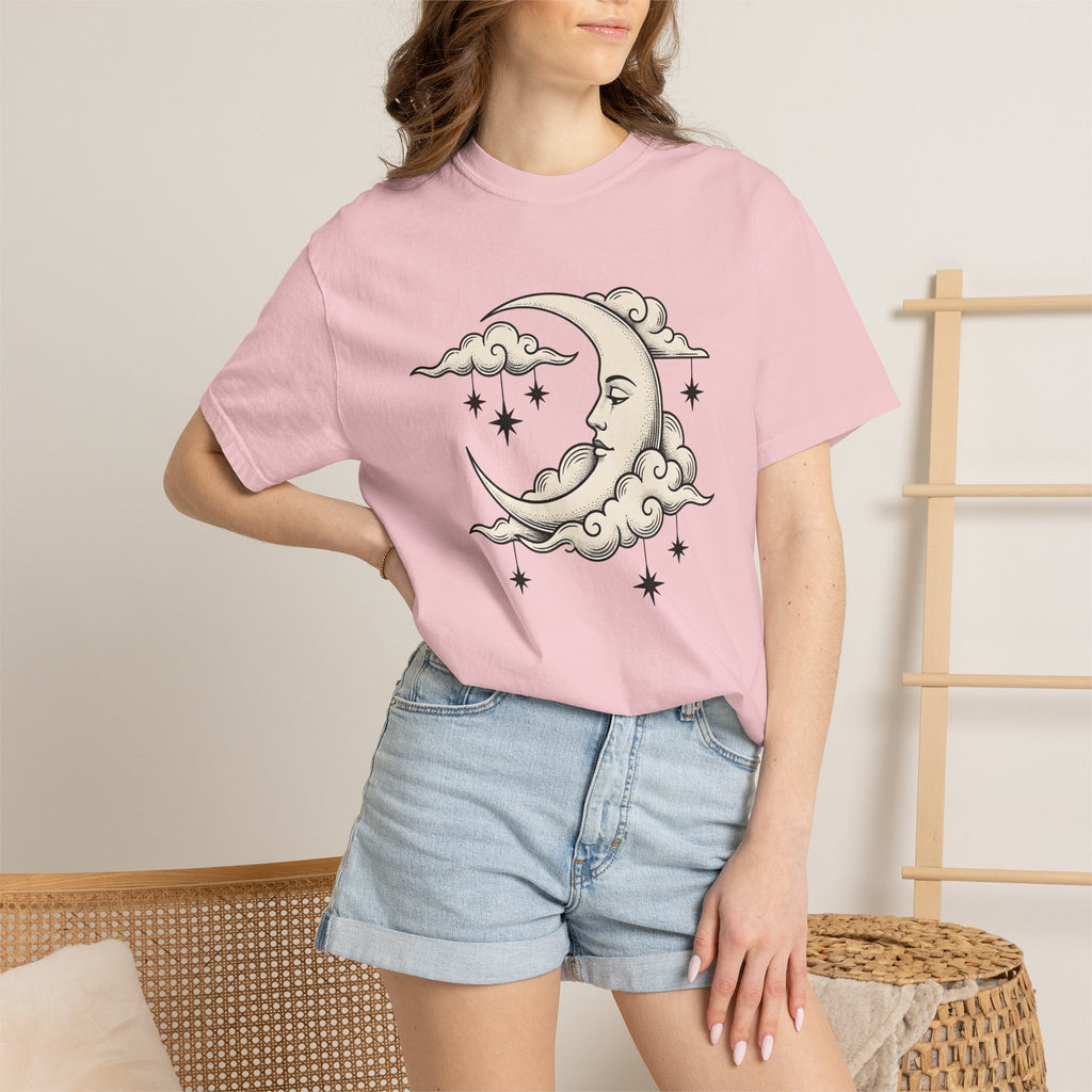 Moon Face Shirt Boho Chic Constellations Gift Women Starry Tee Lunar T-Shirt Bohemian Fan Celestial Graphic Tshirt Sketch Shining Stars