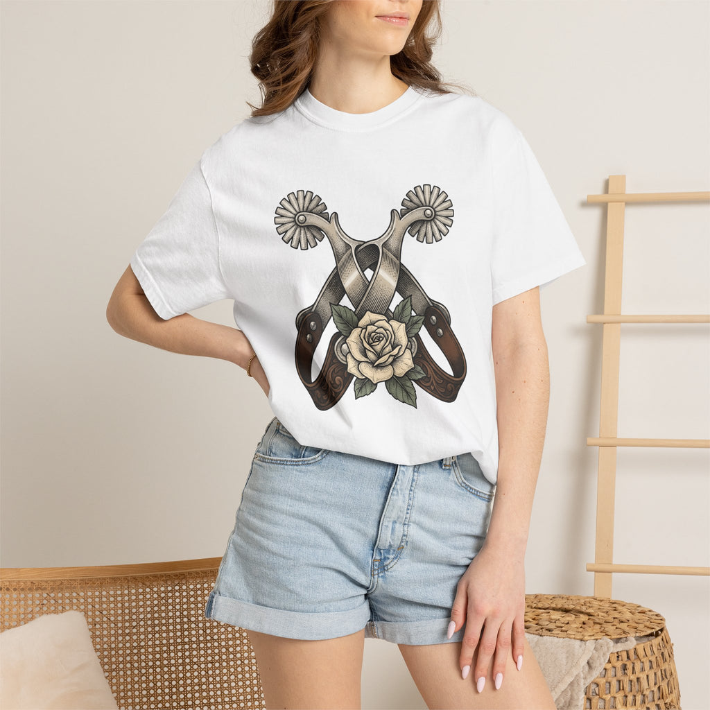 Crossed Spurs Shirt Cowgirl Country Gift Women Neo Traditional Tee Spurs T-Shirt Cowboy Fan Rodeo Tshirt Country Graphic Hand Drawn Rose