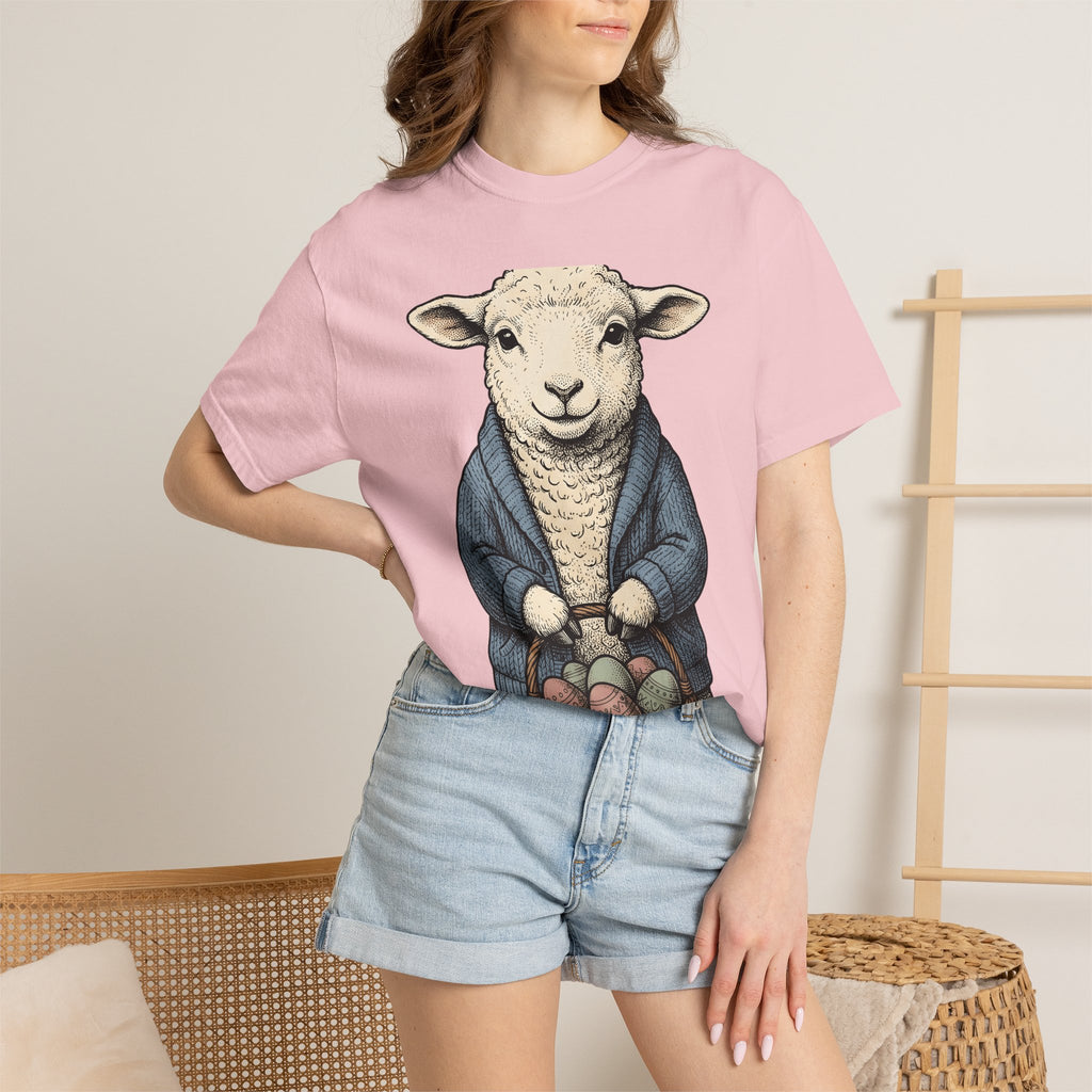 Lamb Basket Shirt Easter Creatures Gift Women Line Art Tee Hamper T-Shirt Easter Fan Hand Drawn Tshirt Animal Graphic Rustic Spring Eggs