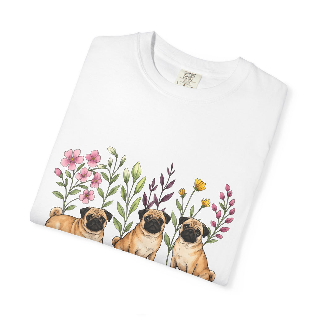 Pug Group Shirt Dog Plants Gift Women Line Art Tee Pug T-Shirt Dog Fan Poodle Illustration Botanical Graphic Gouache Flower Bouquet Tshirt