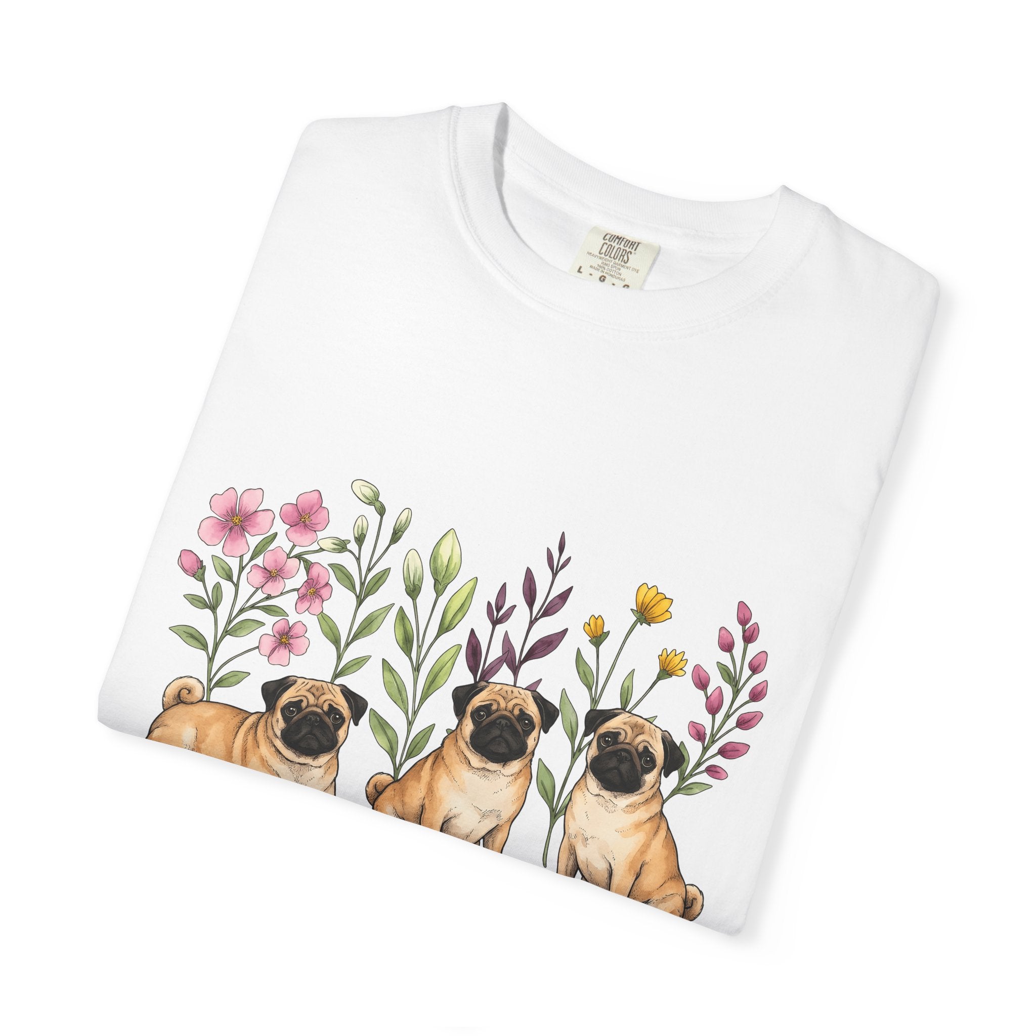 Pug Group Shirt Dog Plants Gift Women Line Art Tee Pug T-Shirt Dog Fan Poodle Illustration Botanical Graphic Gouache Flower Bouquet Tshirt