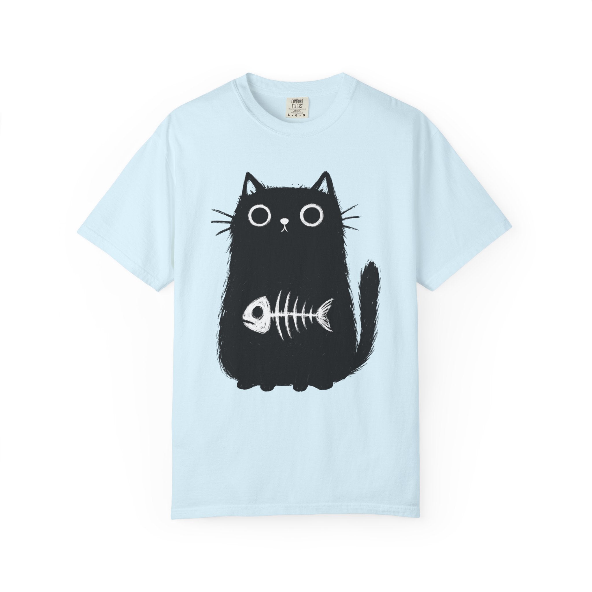 Black Kitten Shirt Cat Alternative Gift Women Hand Drawn Tee Kitten T-Shirt Cat Fan Illustrated Tshirt Punk Graphic Simple Fish Bone Tshirt