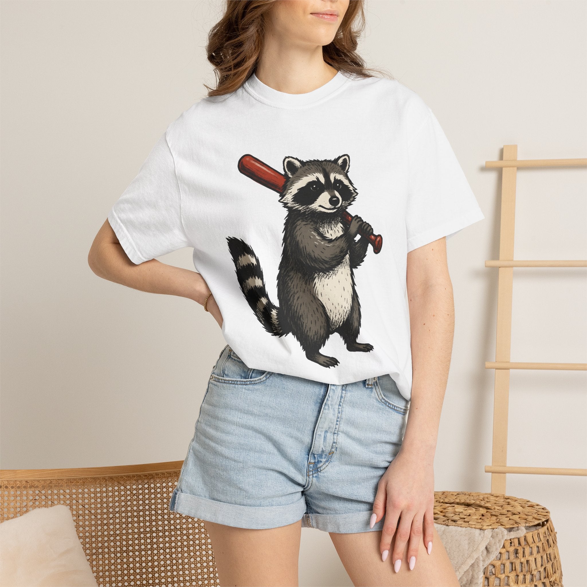 Raccoon Baseball Shirt Cute Animal Gift Women Cartoon Tee Baseball T-Shirt Adorable Fan Comic Tshirt Wildlife Graphic Hand Drawn Bat Tshirt