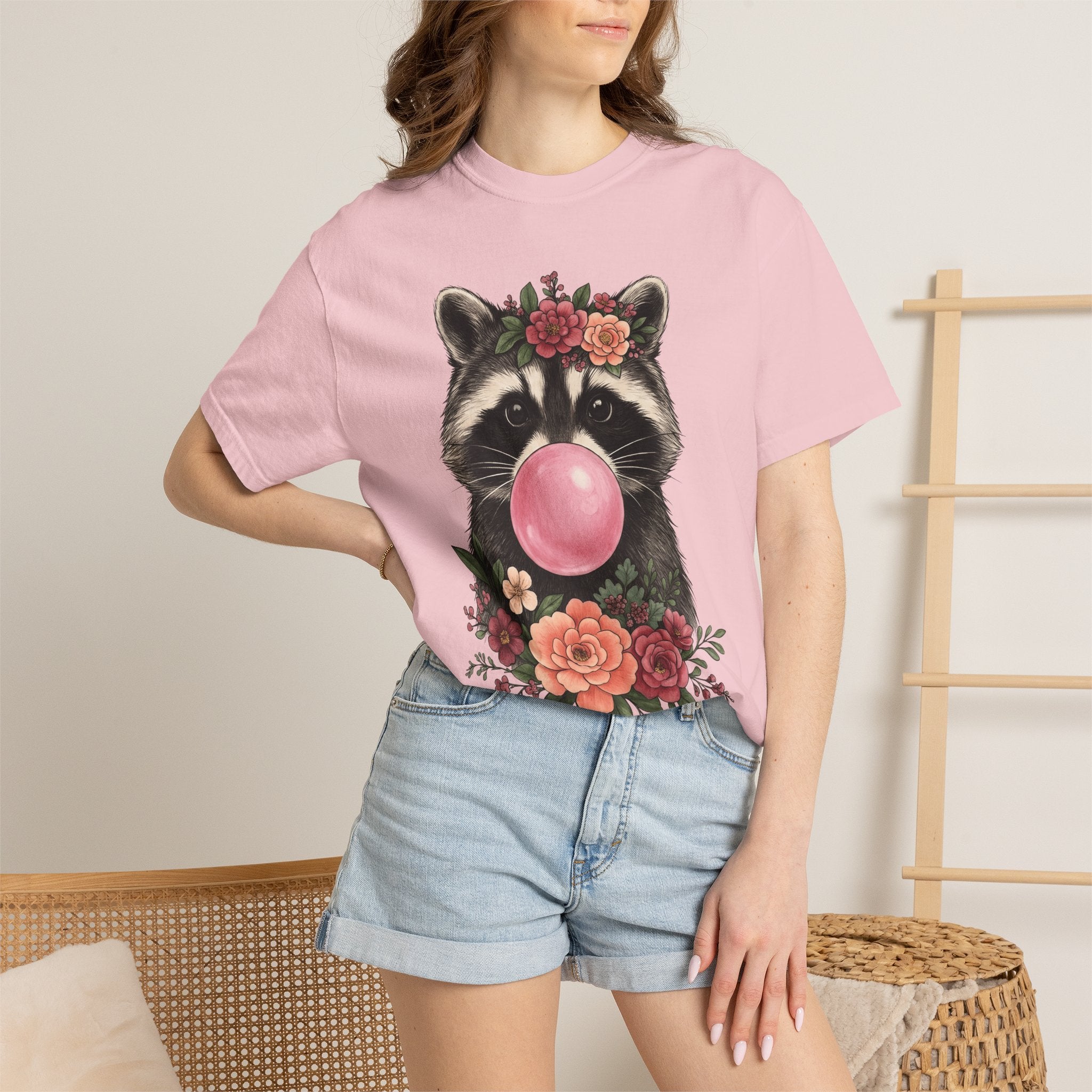 Raccoon Blossoms Shirt Animals Garden Gift Women Rustic Tee Raccoon T-Shirt Wildlife Fan Country Tshirt Gardening Graphic Doodle Chewing Gum