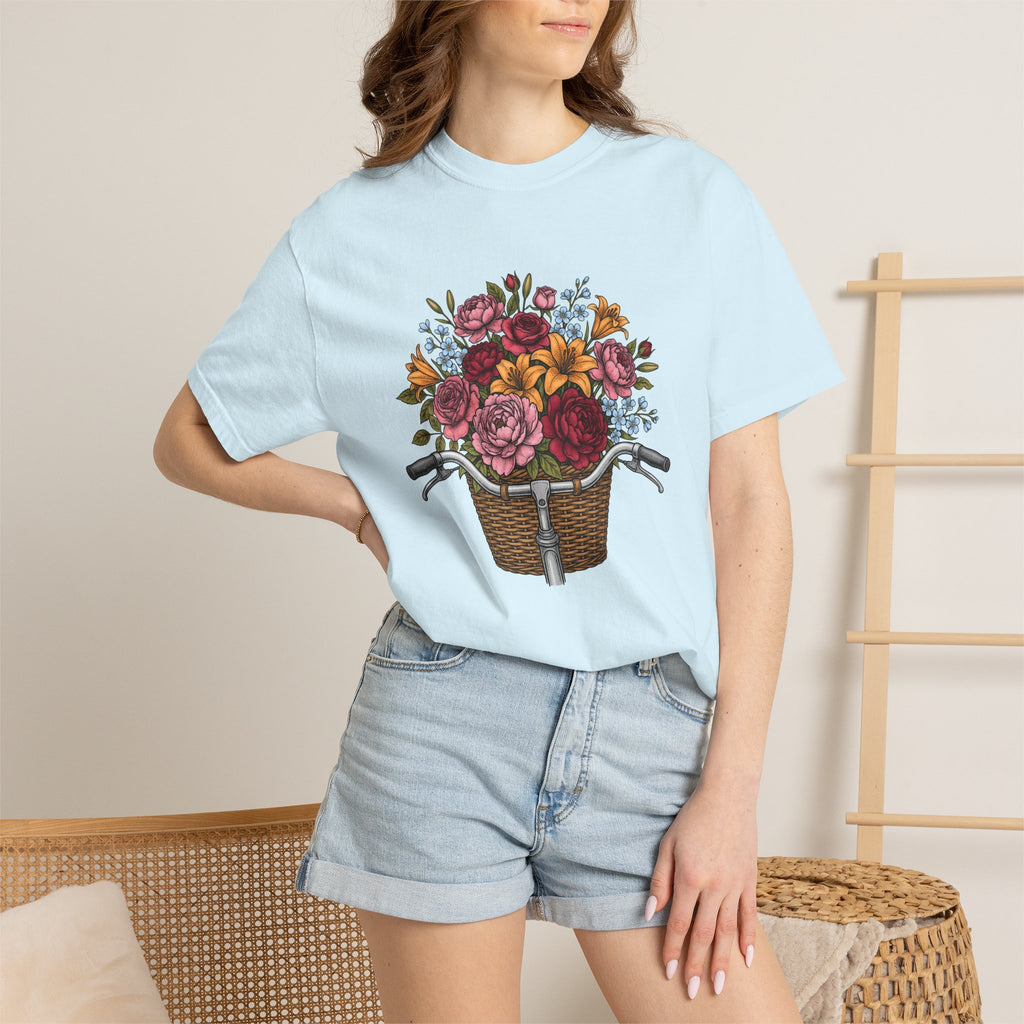 Cycle Basket Flowers Shirt Easter Petals Gift Women Floral Drawing Tee Bicycle Basket T-Shirt Spring Fan Floral Art Tshirt Floral Design