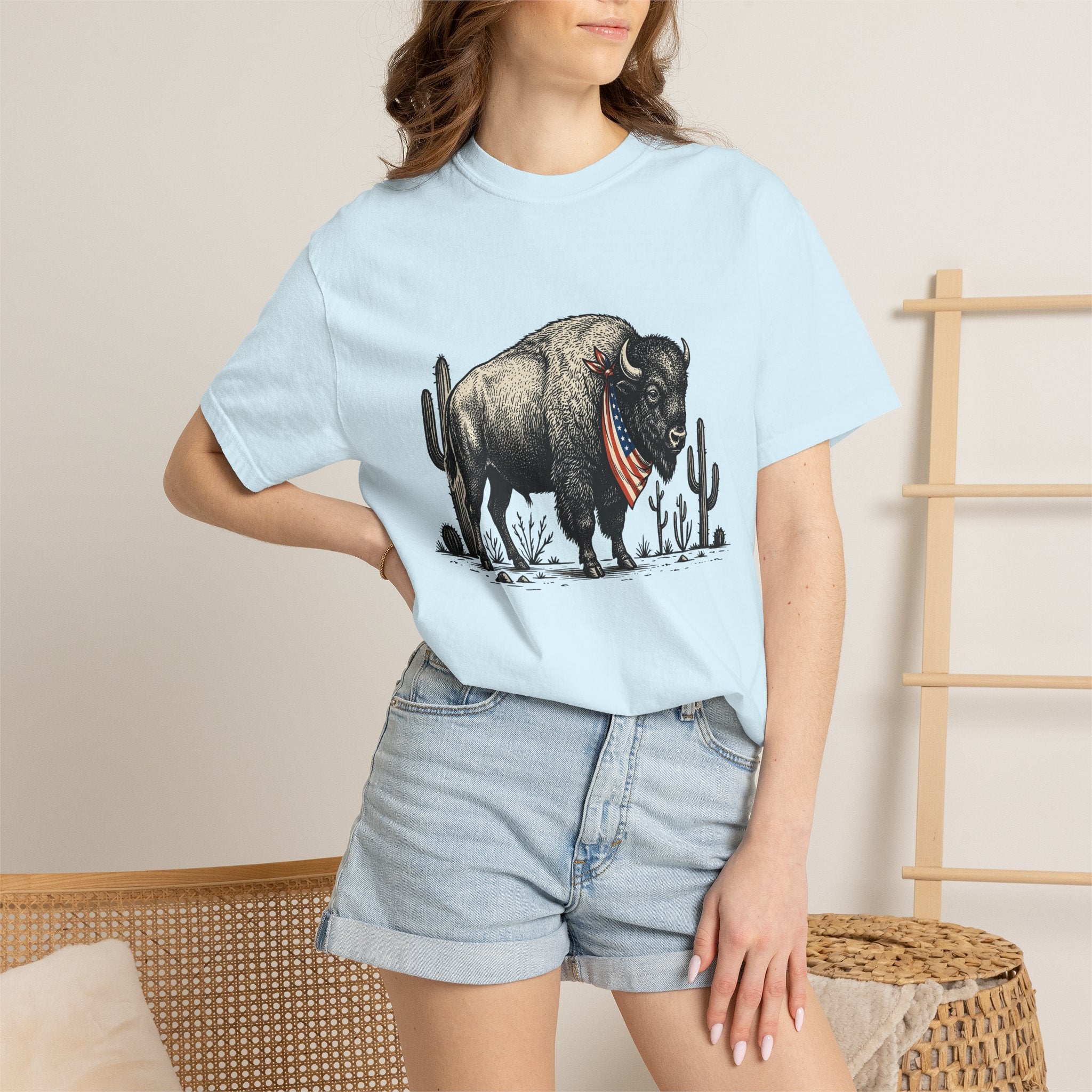 Bison Drawing Shirt America Ranch Gift Women Old School Tee Buffalo T-Shirt American Fan Vintage Tshirt Ranch Graphic Line Art Prickly Pear