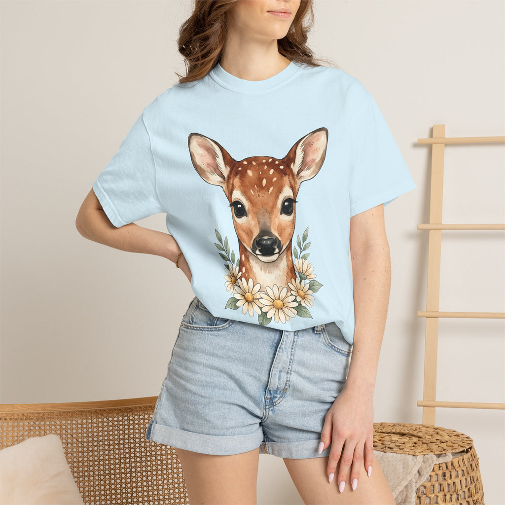 Baby Deer Shirt Easter Floral Gift Women Watercolor Tee Fawn T-Shirt Spring Fan Watercolour Tshirt Botanical Graphic Hand Drawn Daisies