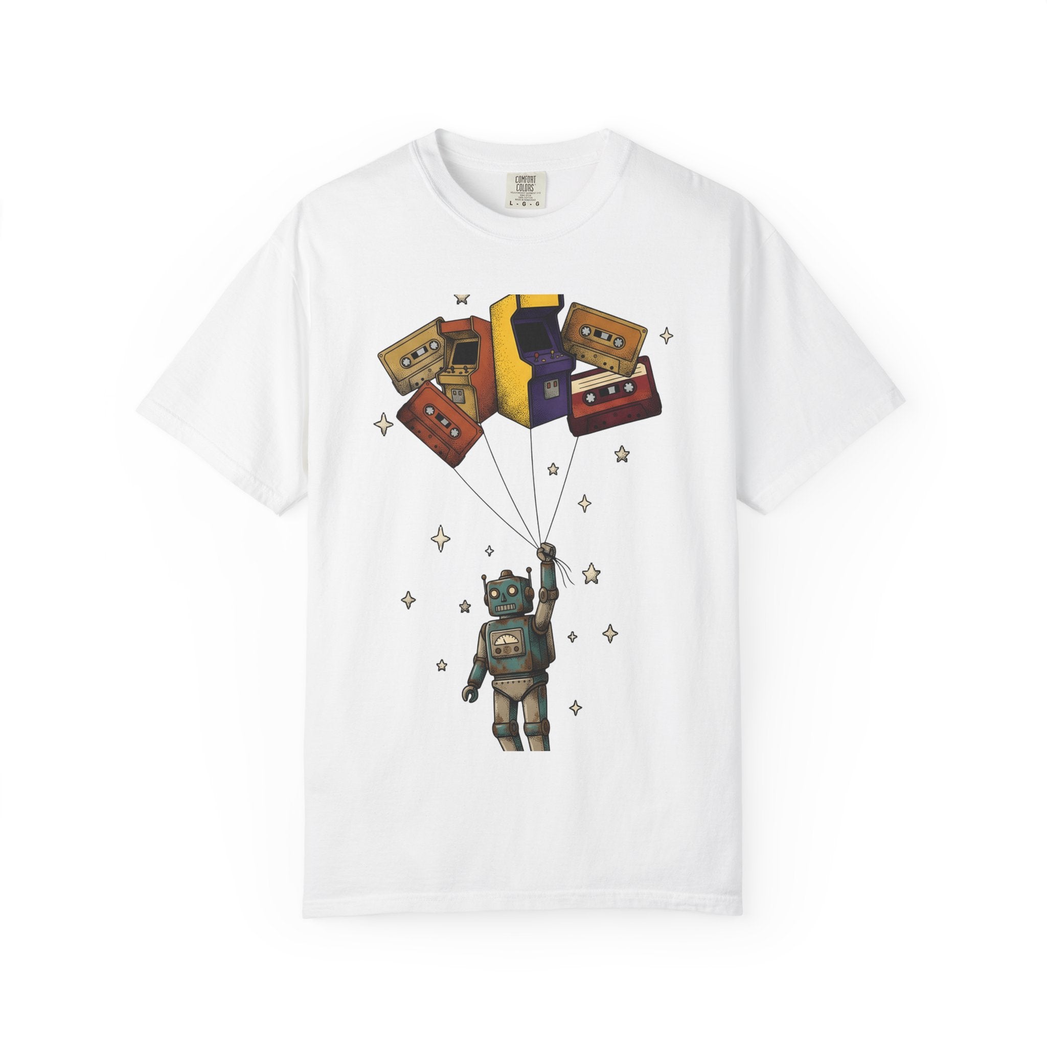 Robot Balloons Shirt Retro Audio Gift Women Hand Drawn Tee Balloon Robots T-Shirt Vintage Fan Illustrated Tshirt Sound Graphic Sketch Gaming
