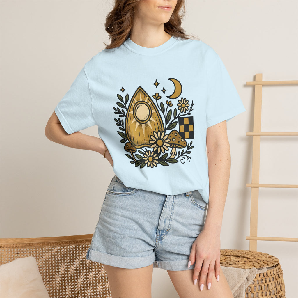 Spirit Board Flowers Shirt Boho Chic Astrology Gift Women Primitive Tee Ouija Flowers T-Shirt Bohemian Enthusiast Naive Tshirt Zodiac