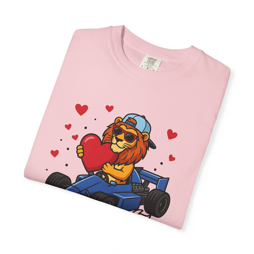 Lion Race Car Shirt St. Valentine's Day Animal Gift Women Cartoon Tee Lion T-Shirt Valentine Fan Funny Tshirt Creature Graphic Bold Heart