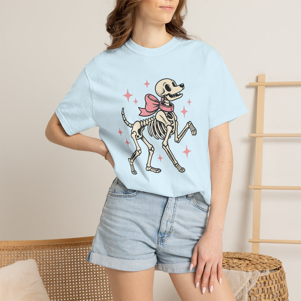 Dog Skeleton Shirt Halloween Dog Gift Women Cartoon Tee Skeleton T-Shirt Spooky Fan Spooky Graphic Halloween Design Retro Bow Tshirt