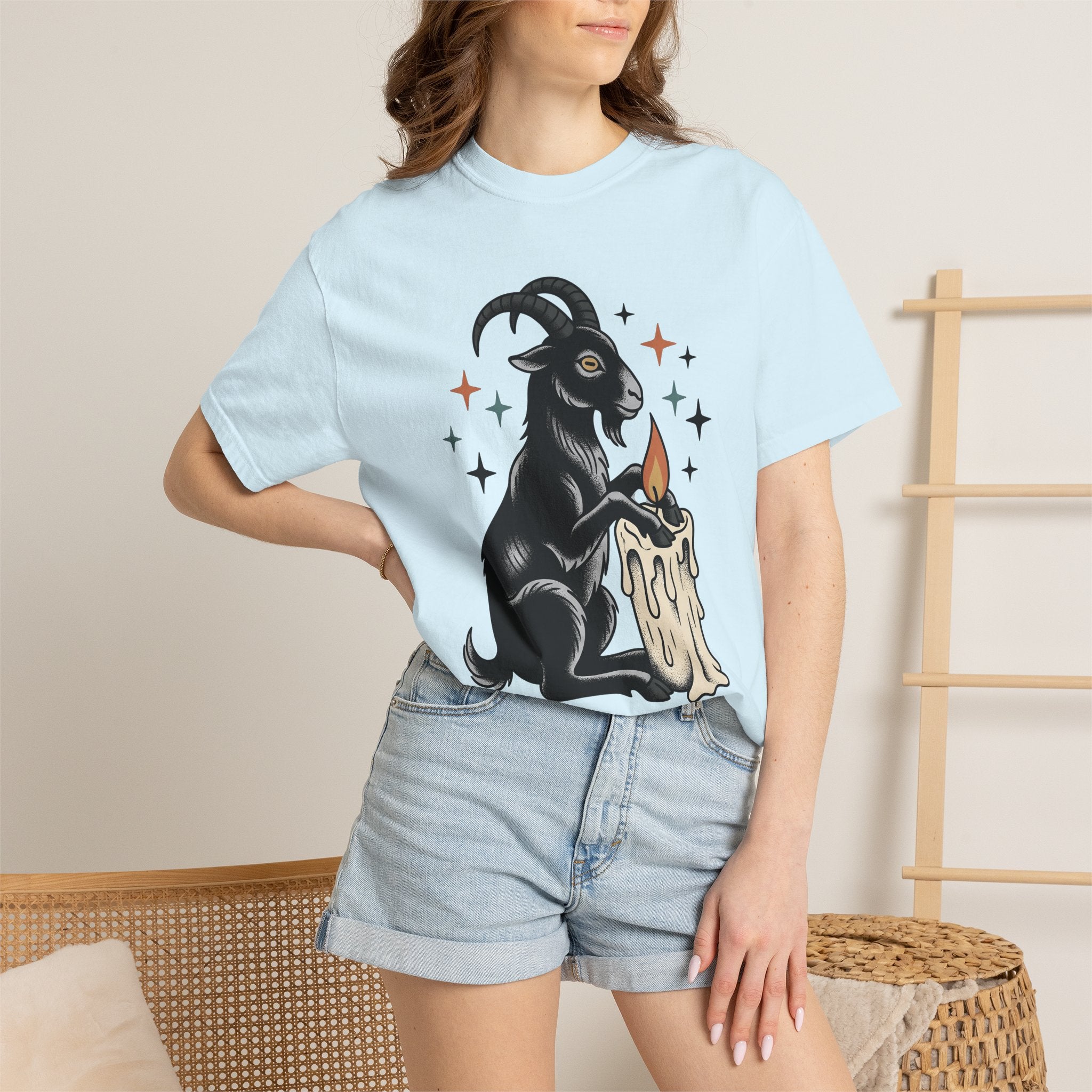 Goat Candle Shirt Boho Chic Gothic Gift Women Tattoo Tee Candle T-Shirt Bohemian Enthusiast Ink Tshirt Dark Graphic Vintage Stars Tshirt
