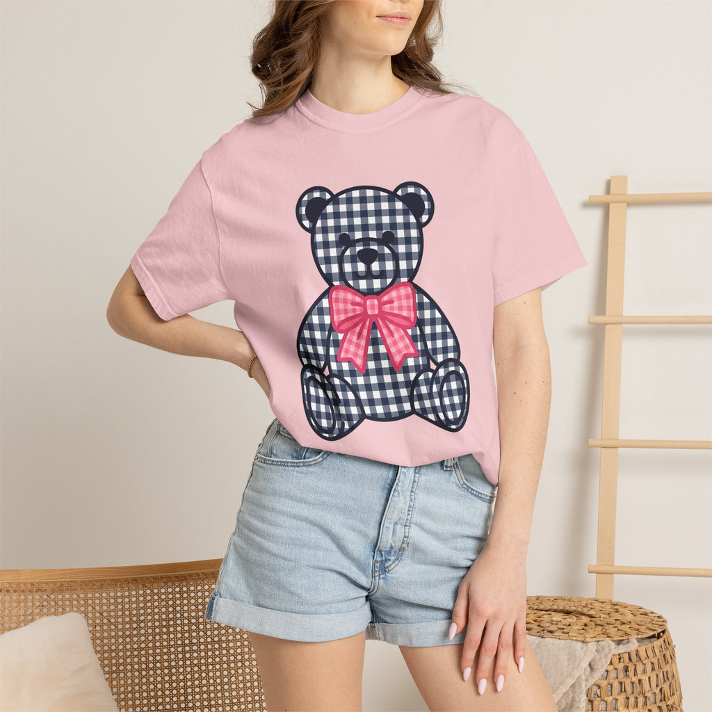 Plaid Teddy Bear Shirt Cute Animal Gift Women Kawaii Tee Teddy Bear T-Shirt Cute Fan Cartoon Tshirt Creature Graphic Minimalist Pink Bow