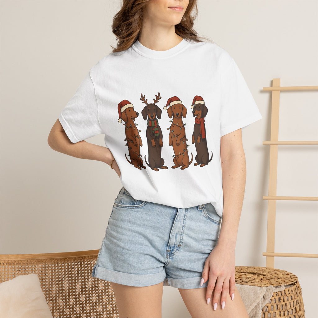 Dachshund Pups Shirt Christmas Animal Gift Women Anime Tee Wiener Dog T-Shirt Xmas Fan Cartoon Tshirt Creature Graphic Doodle Festive Hats