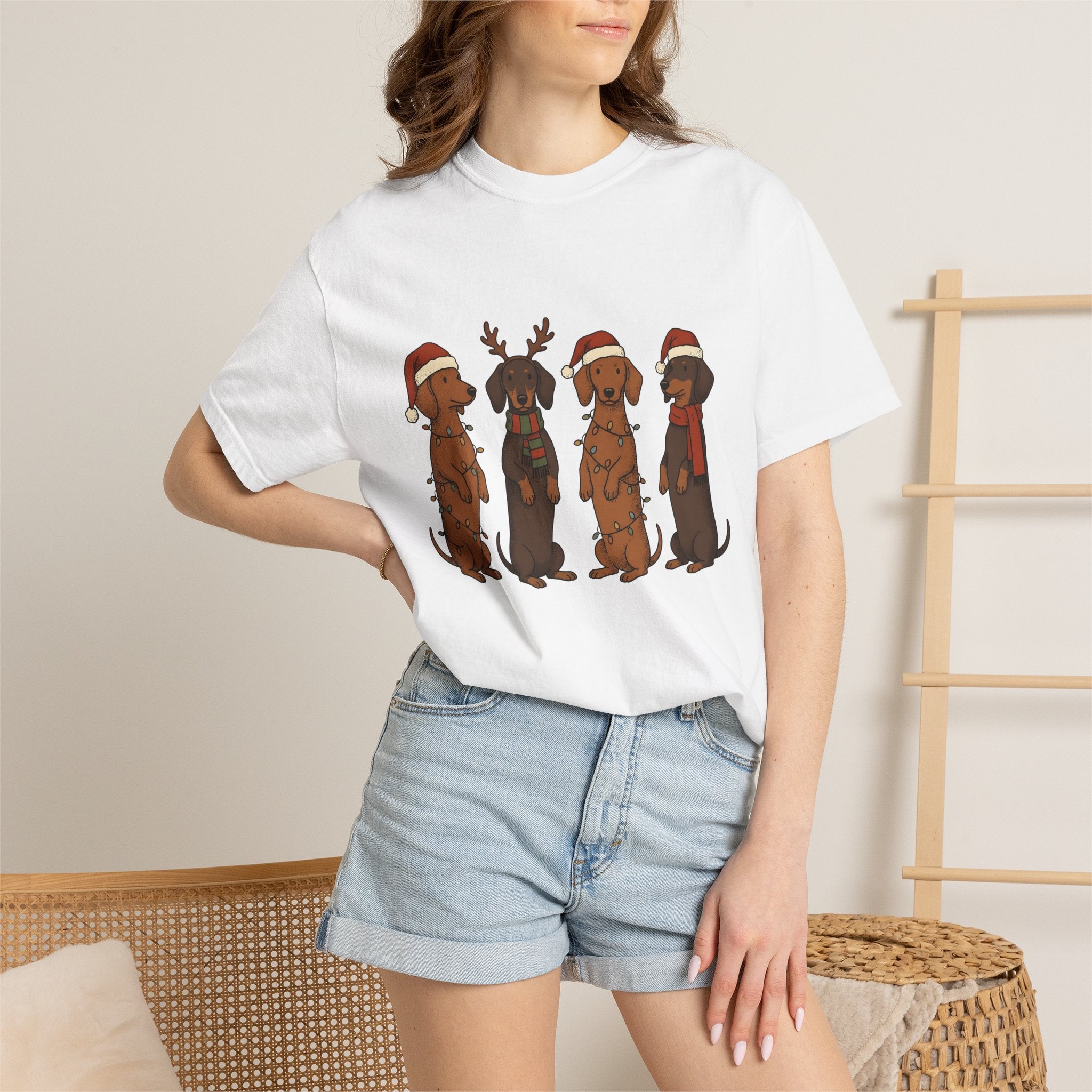 Dachshund Pups Shirt Christmas Animal Gift Women Anime Tee Wiener Dog T-Shirt Xmas Fan Cartoon Tshirt Creature Graphic Doodle Festive Hats